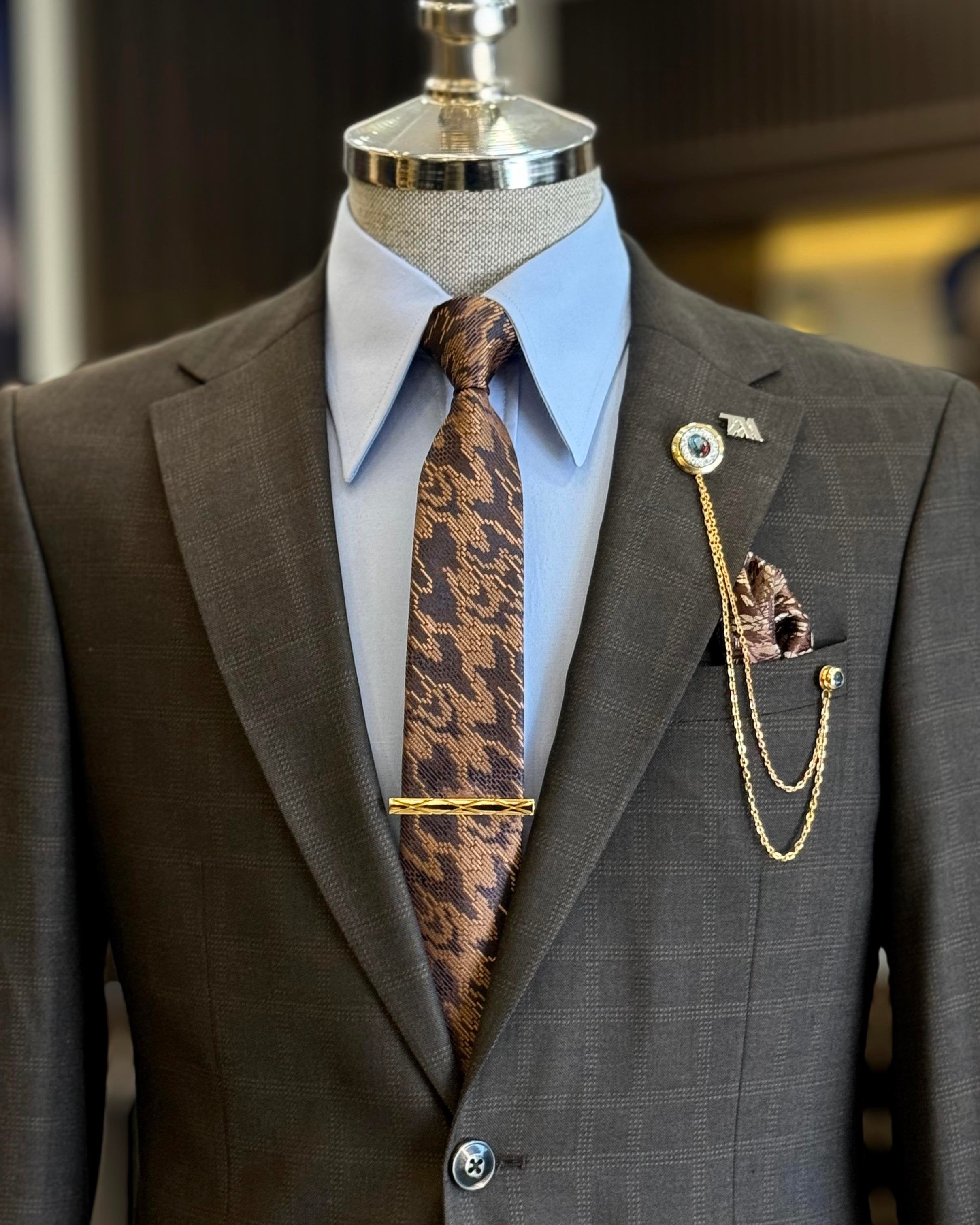 Brown Plaid Slim-Fit Suit 2-Piece