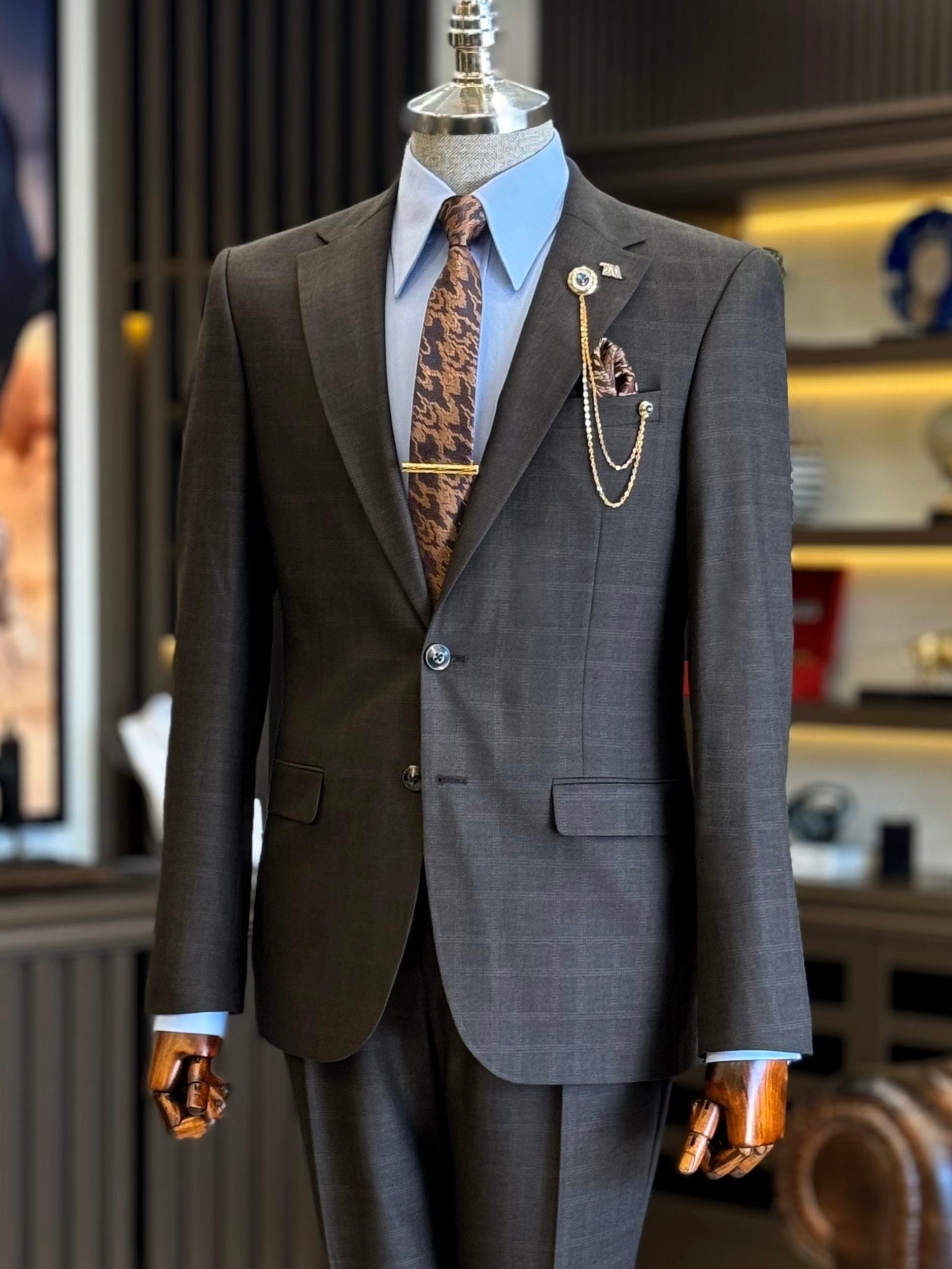 Brown Plaid Slim-Fit Suit 2-Piece