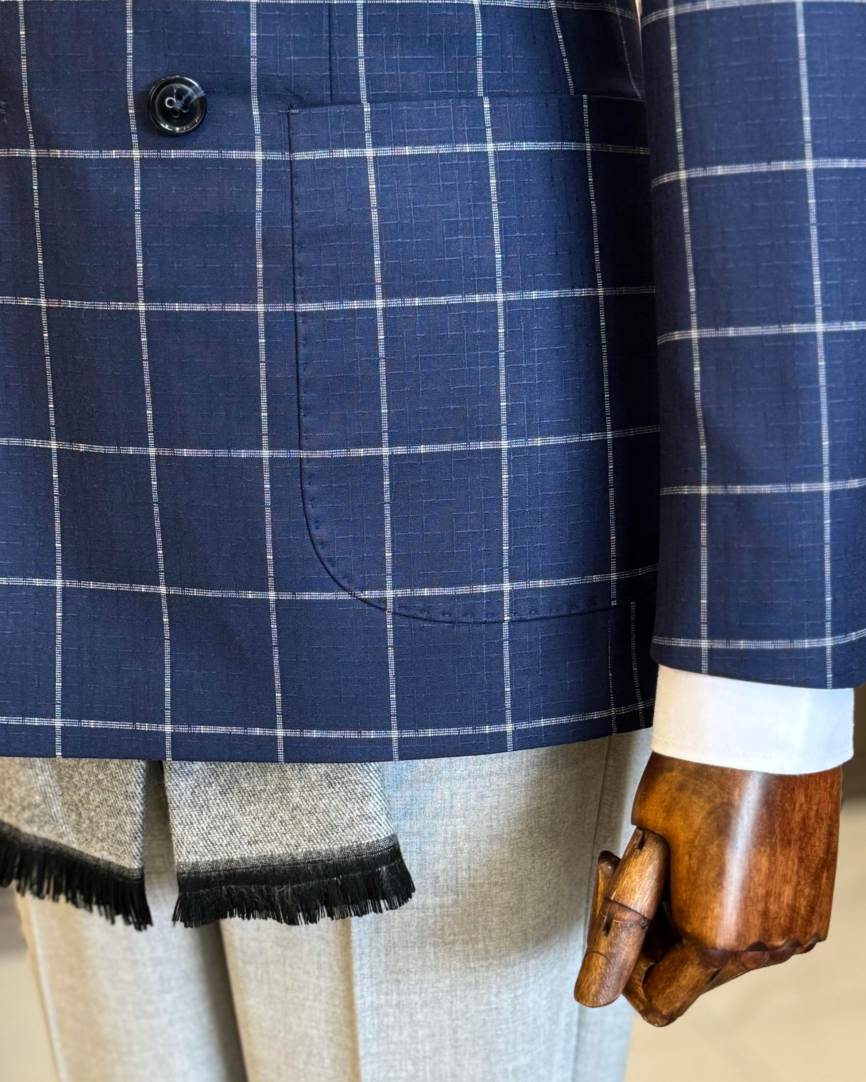 Navy Plaid Double Breasted Blazer