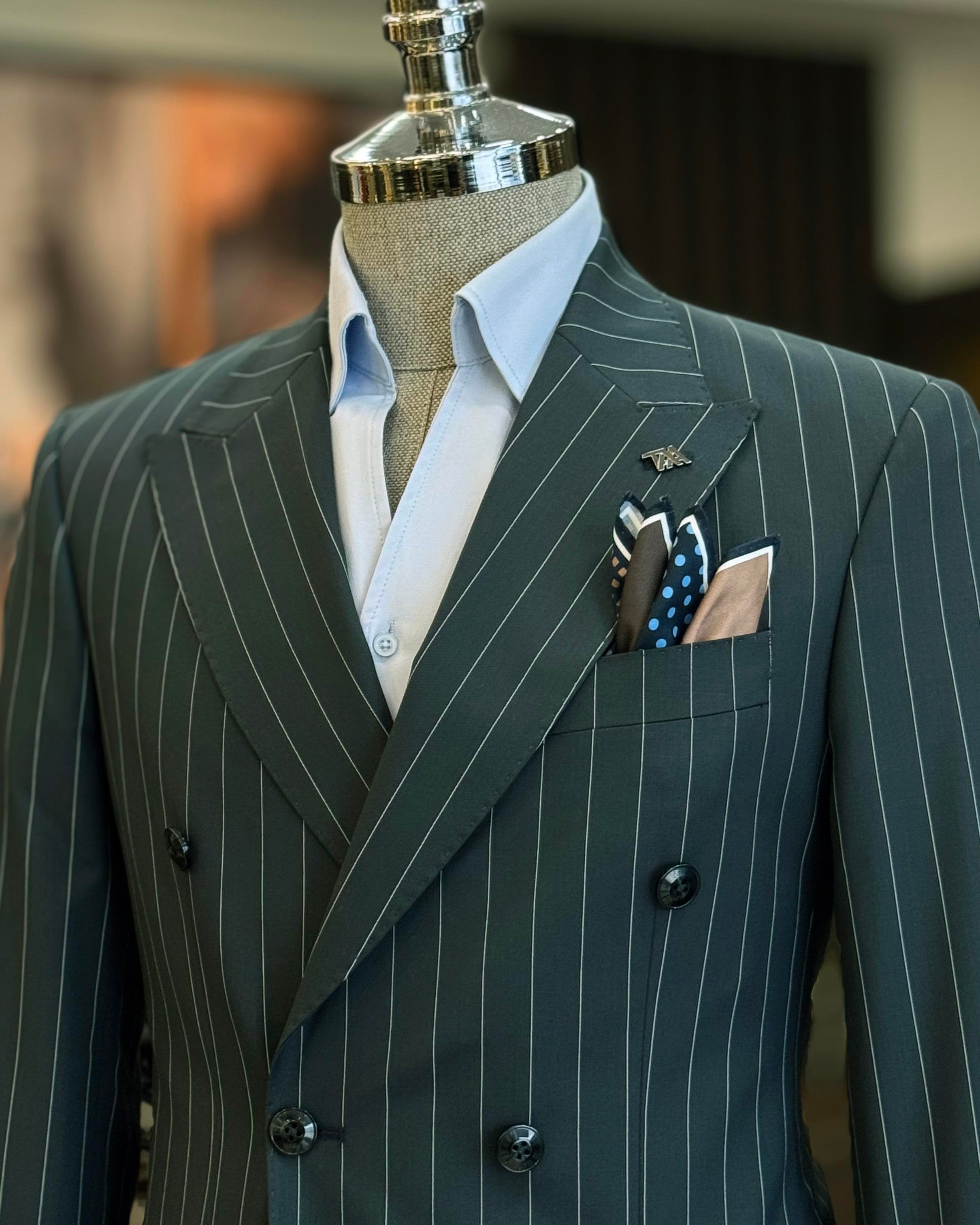 Green Striped Double Breasted Suit 2-Piece