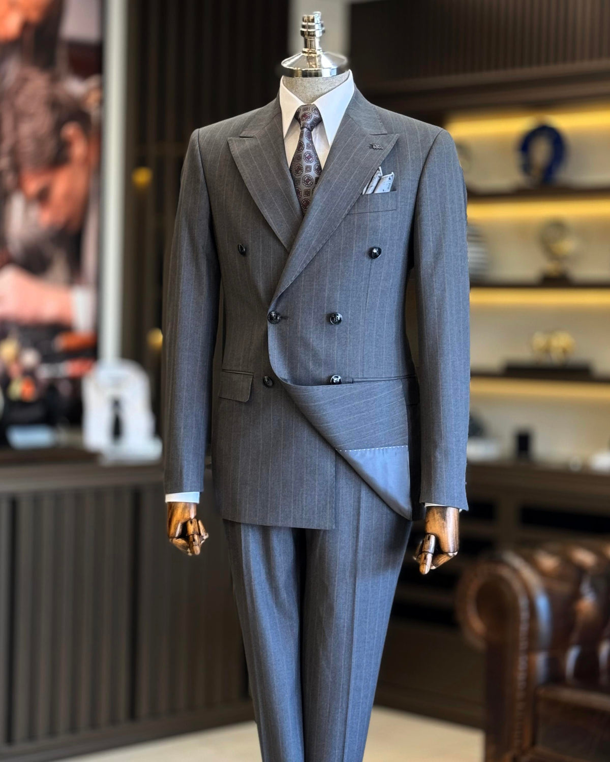 VIOSSI grey striped double breasted suit worn model showing Italian suit styles formal fit