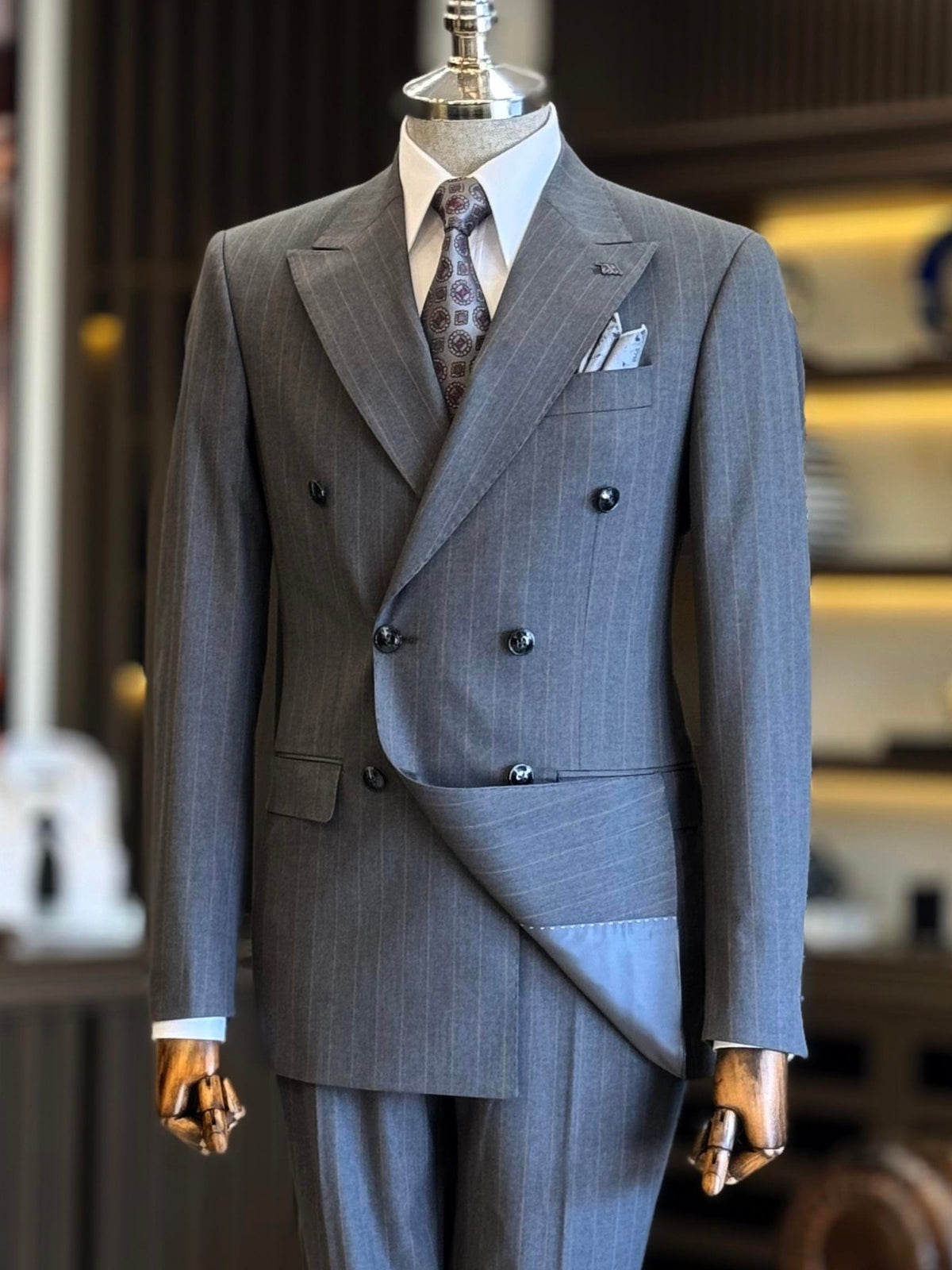 VIOSSI grey striped double breasted tuxedo suit 2-piece front view - classic Italian suit styles design