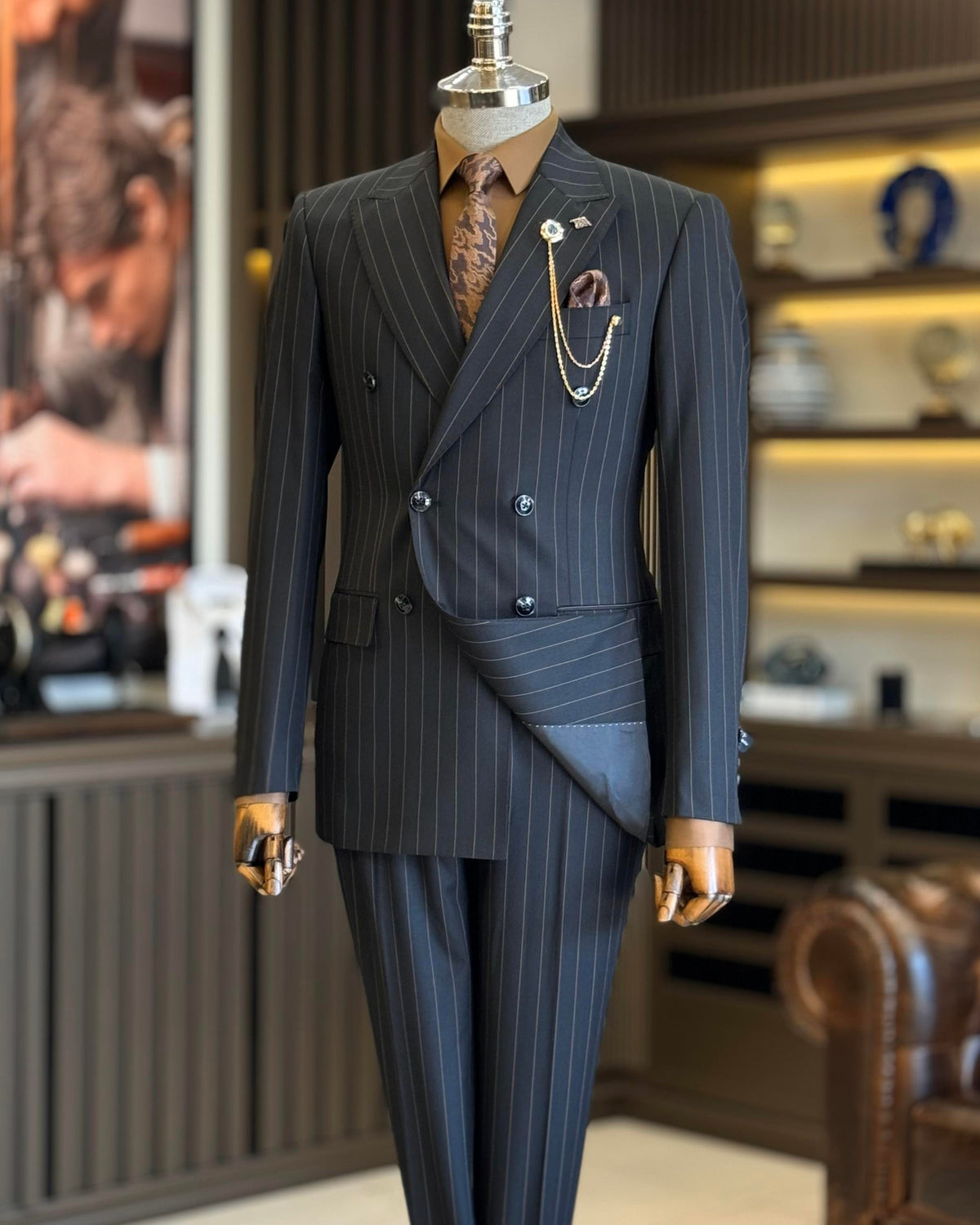 VIOSSI black striped double breasted suit 2-piece detail shot highlighting tuxedo double breasted button styling