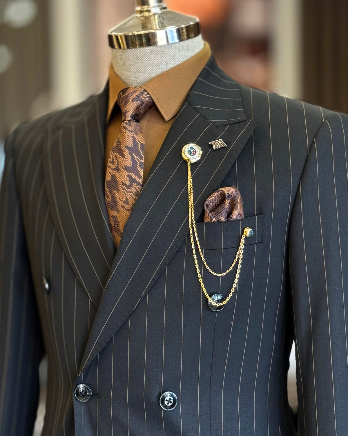 VIOSSI black striped double breasted suit 2-piece front view - Italian suit styles tuxedo for formal wear