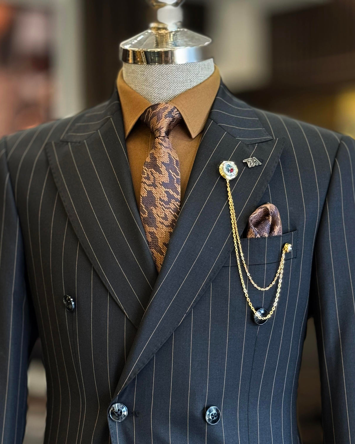 VIOSSI black striped double breasted suit 2-piece back view showing tailored fit and Italian suit styles detailing