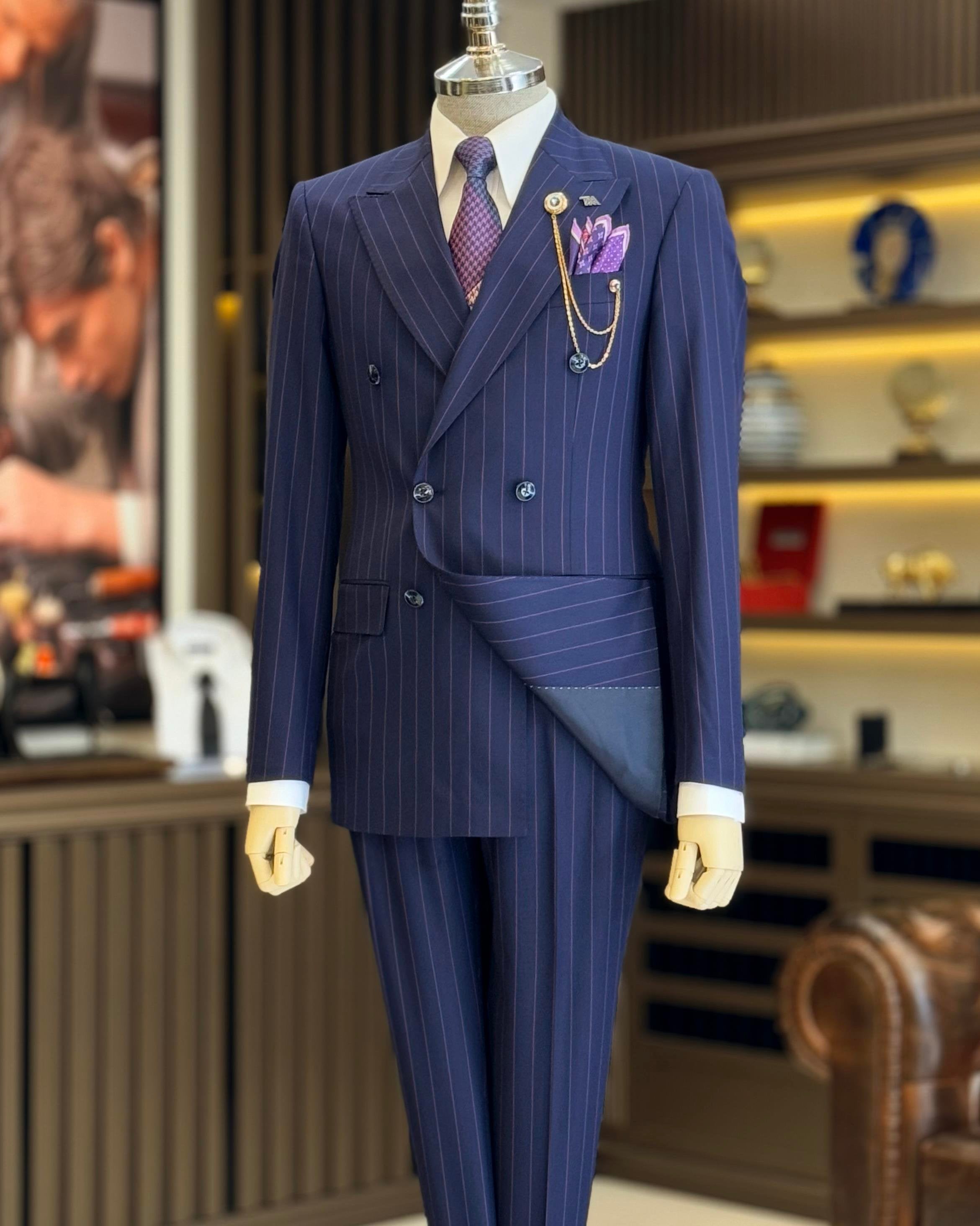 Navy Striped Double Breasted Suit 2-Piece