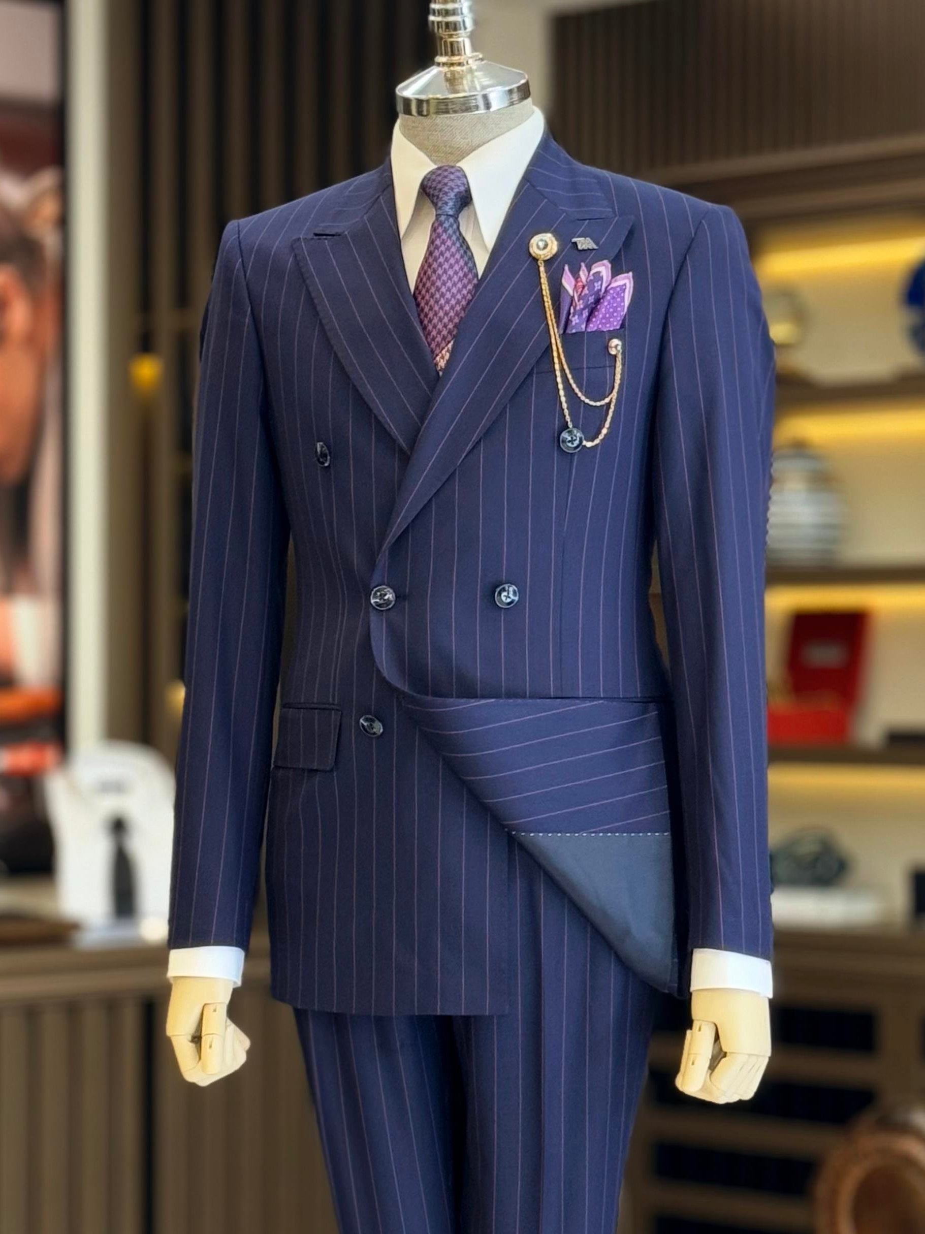 Navy Striped Double Breasted Suit 2-Piece