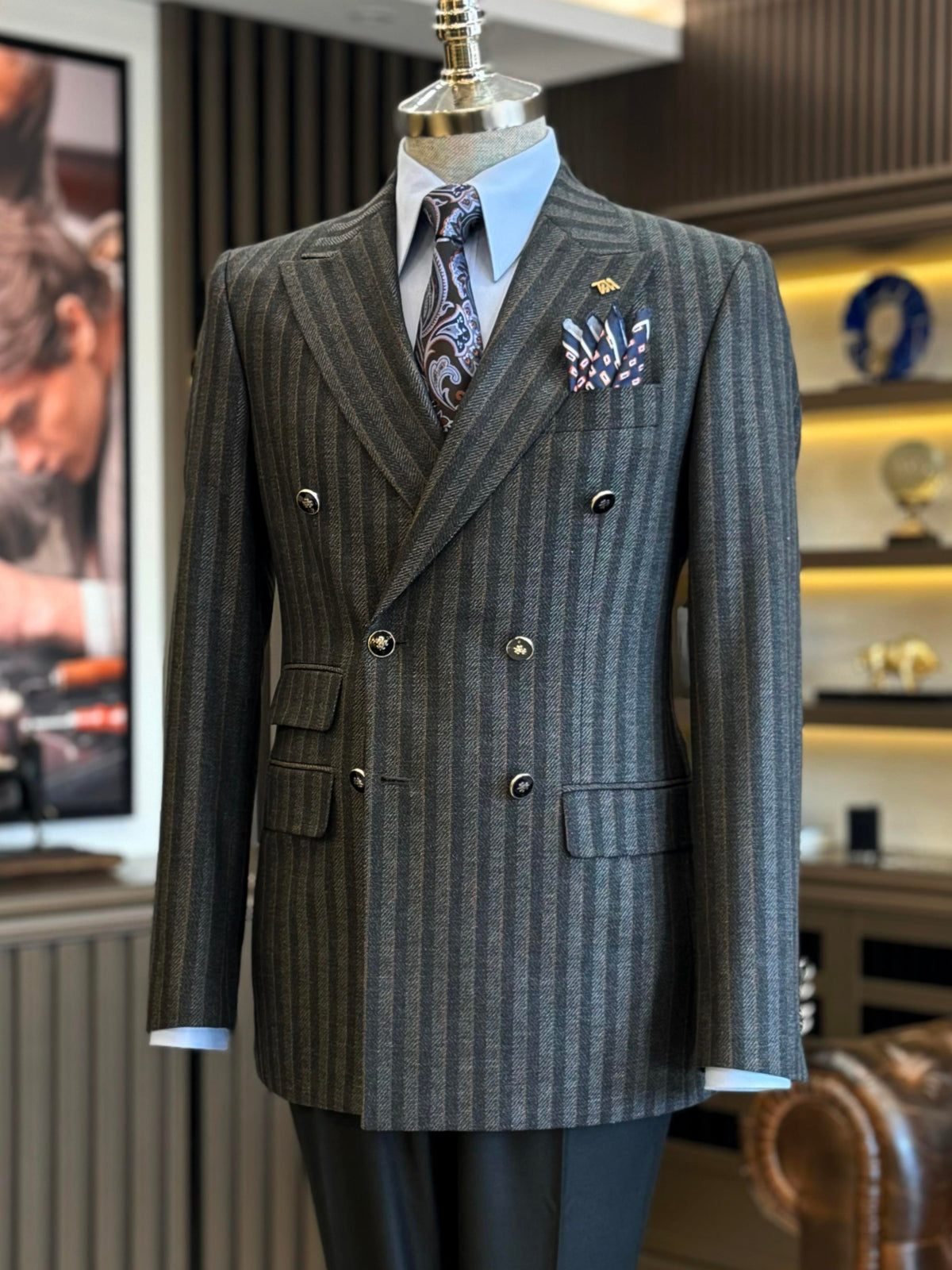 VIOSSI grey striped double breasted suit 2-piece detail shot - Italian suit styles tuxedo double breasted craftsmanship