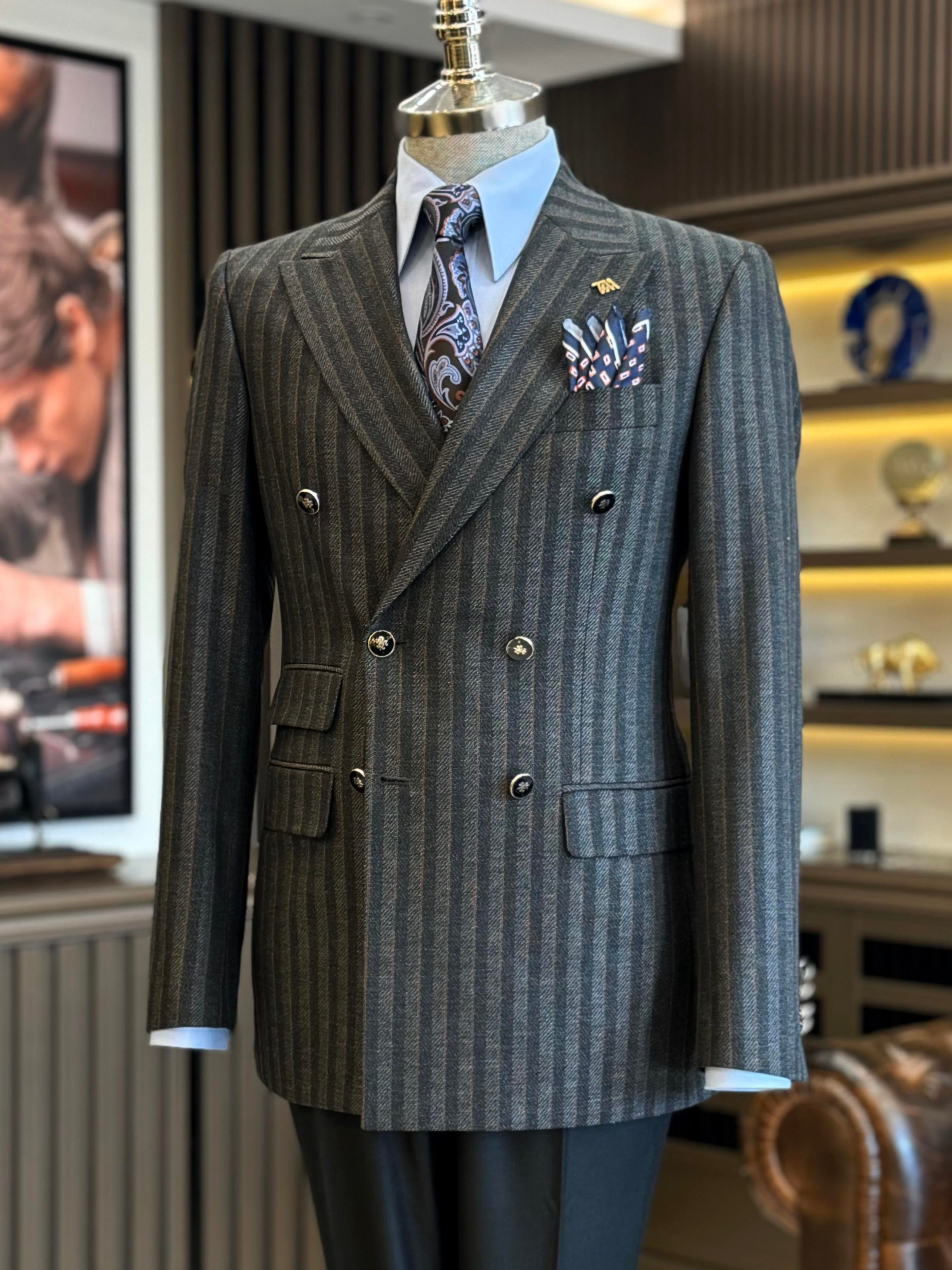 Grey Striped Double Breasted Suit 2-Piece