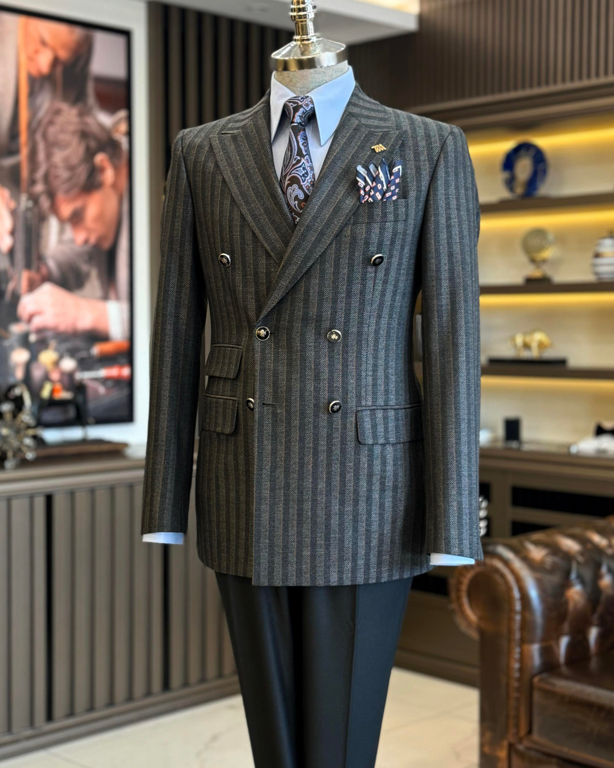 VIOSSI grey striped double breasted suit 2-piece back view - Italian suit styles tuxedo double breasted tailoring