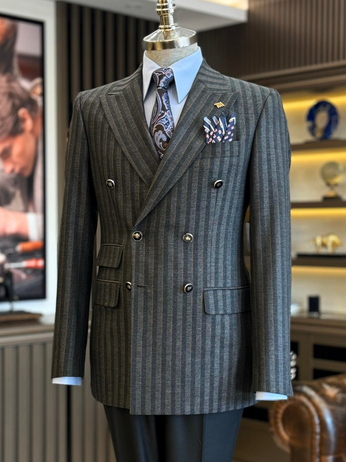 VIOSSI grey striped double breasted suit 2-piece front view - tuxedo double breasted Italian suit styles