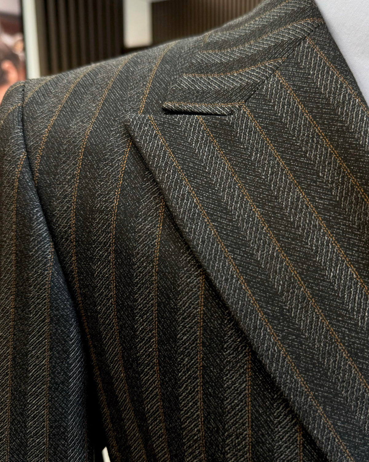 VIOSSI grey striped double breasted suit 2-piece back angle showing Italian suit styles tailored silhouette