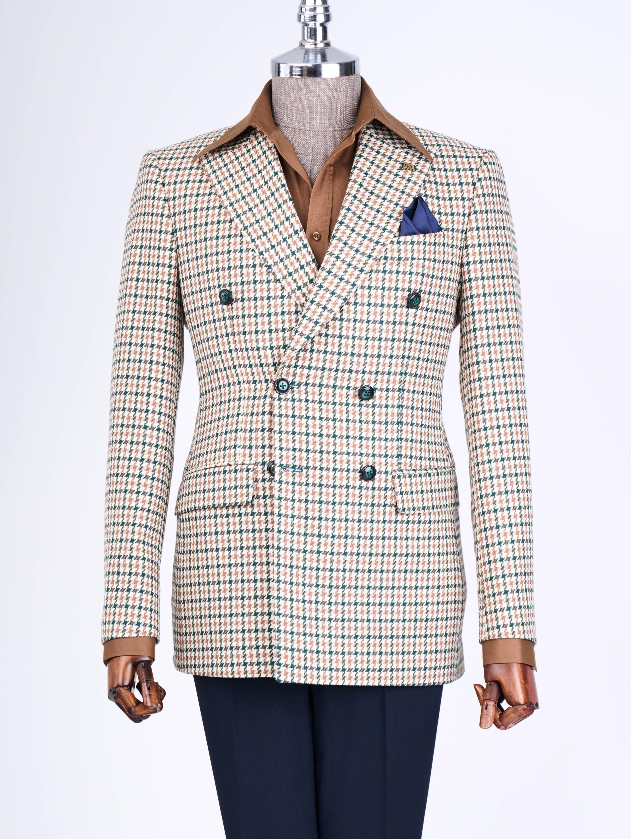 Beige Plaid Double Breasted Blazer