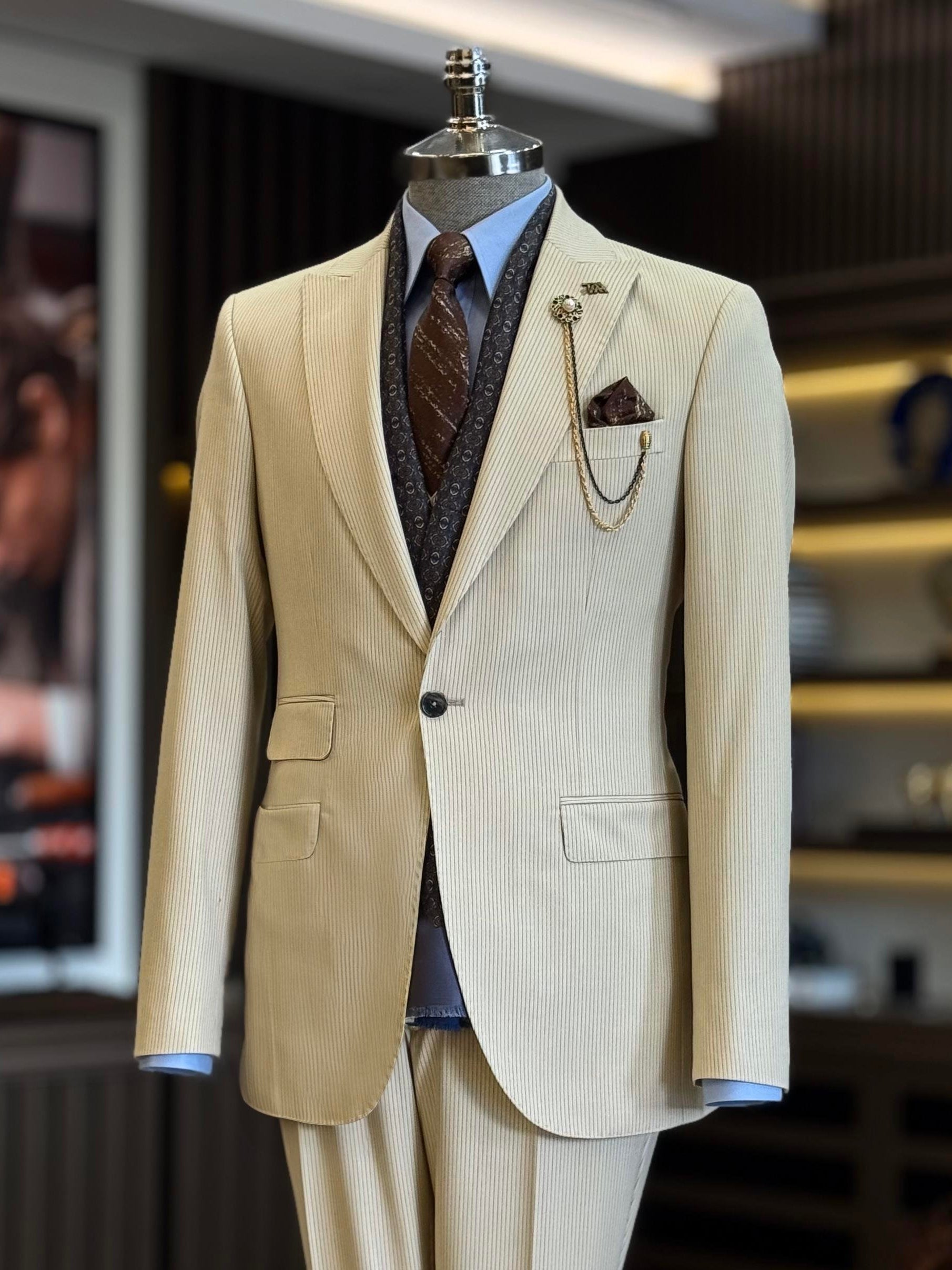 Beige Striped Slim-Fit Suit 2-Piece