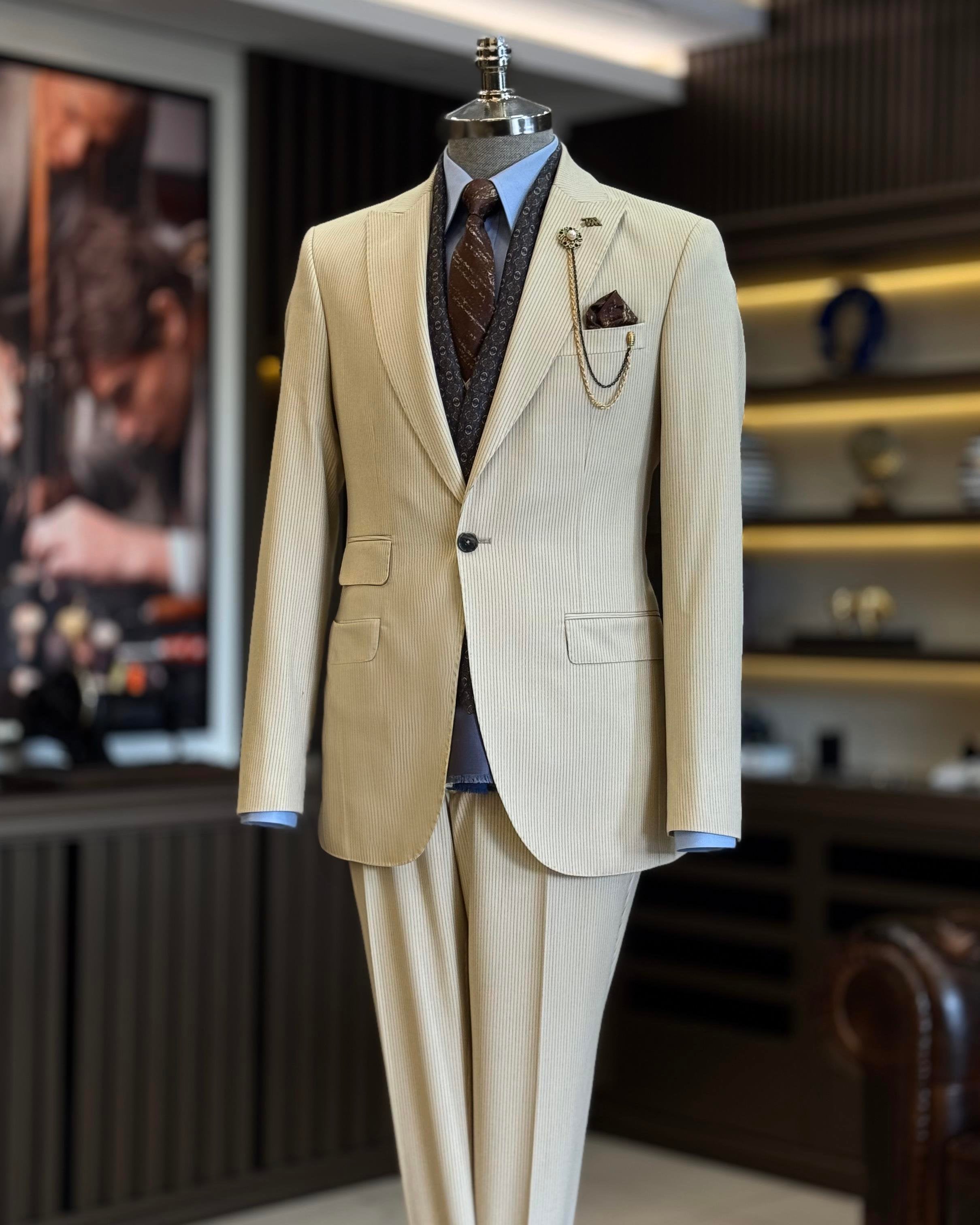 Beige Striped Slim-Fit Suit 2-Piece