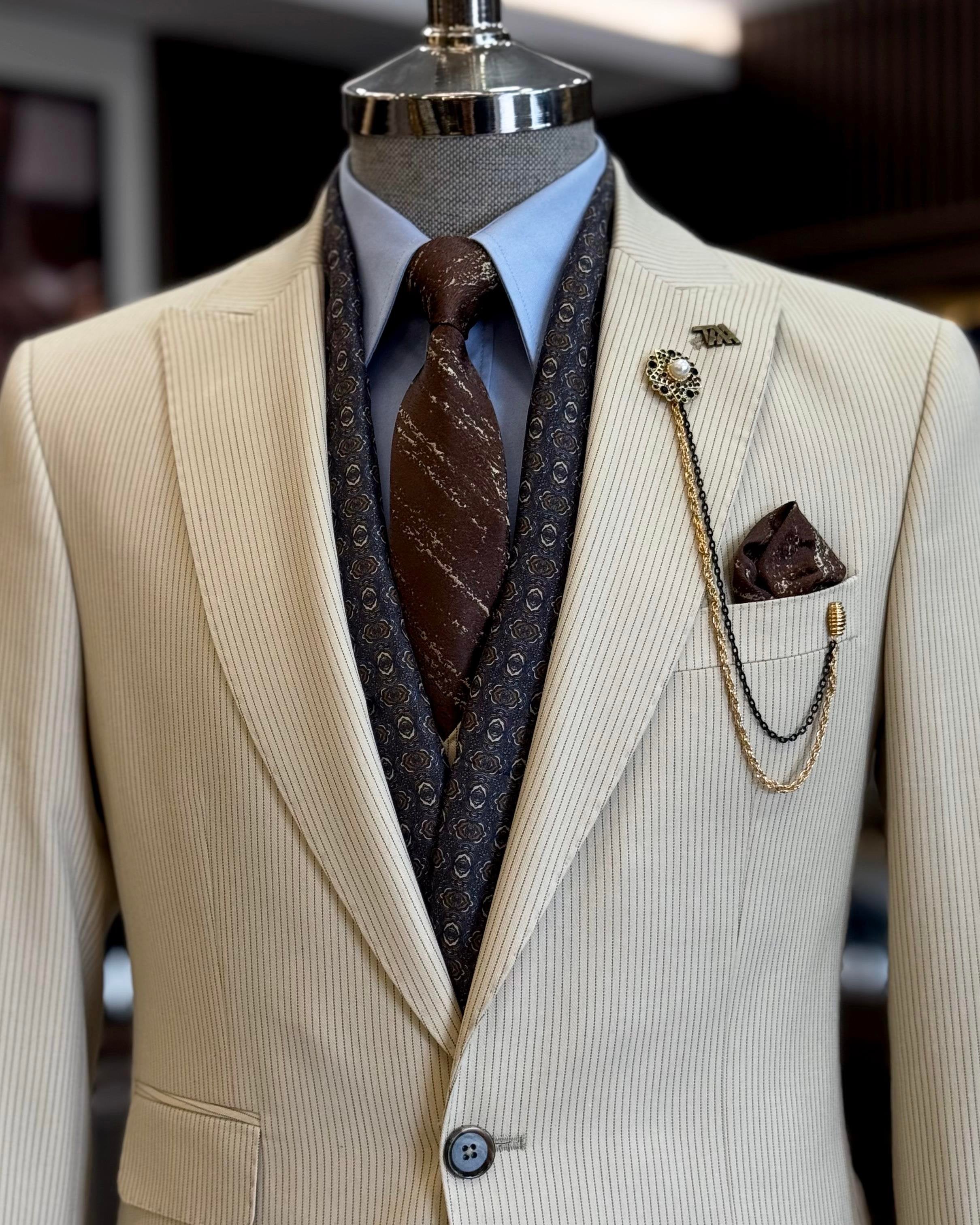 Beige Striped Slim-Fit Suit 2-Piece