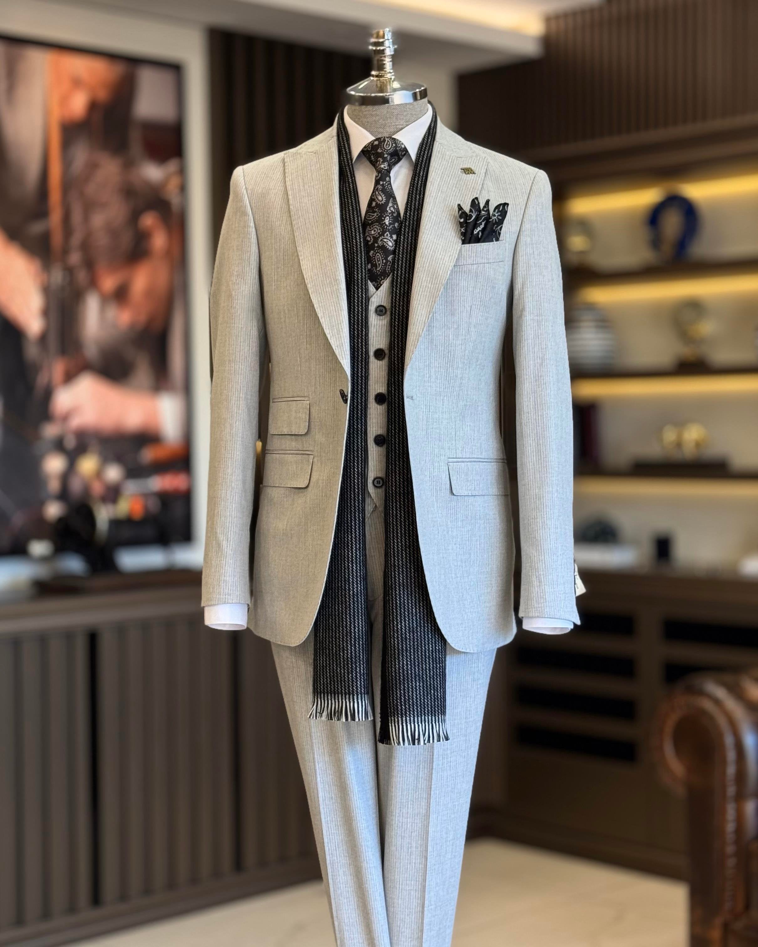 Grey Striped Slim-Fit Suit 3-Piece