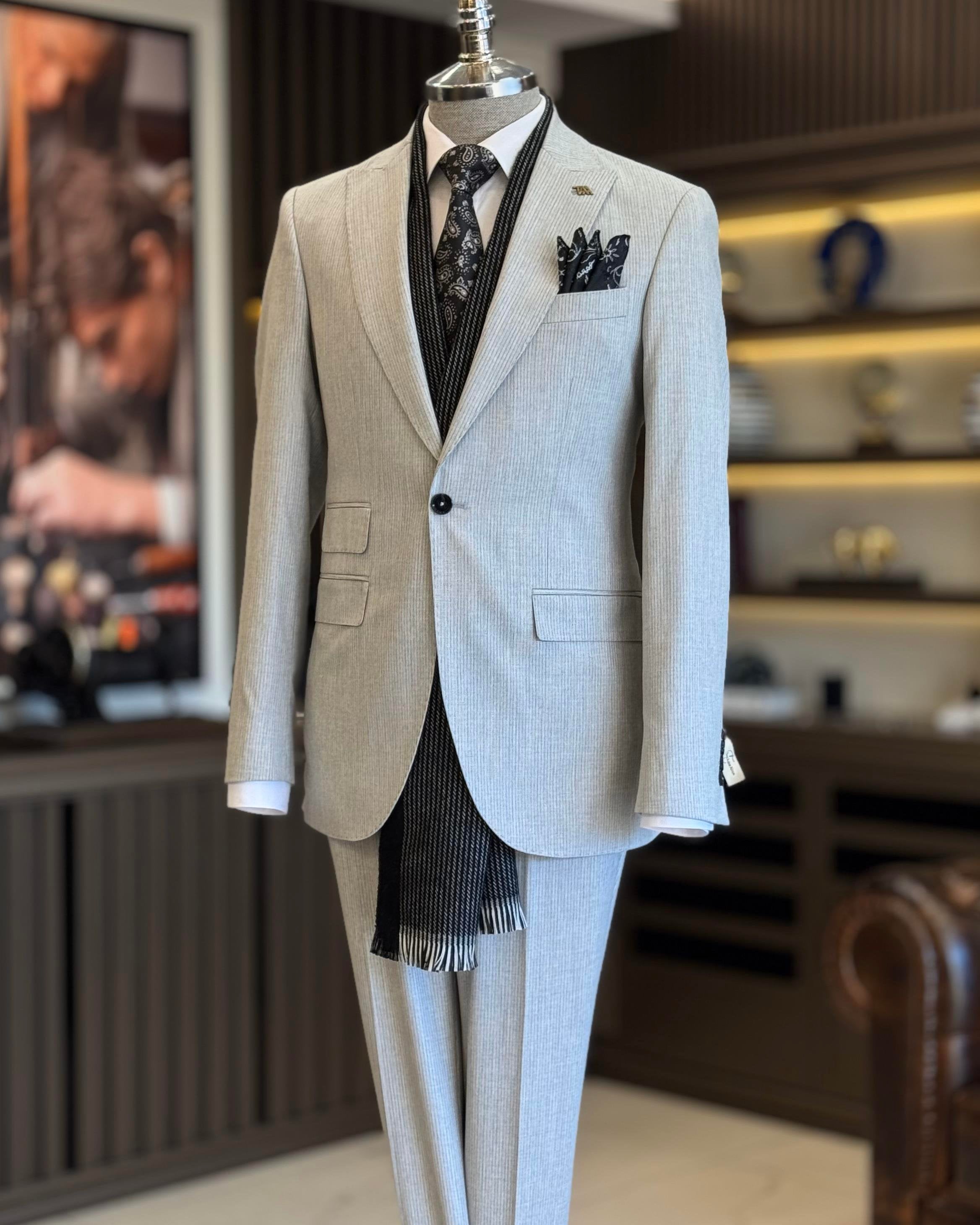 Grey Striped Slim-Fit Suit 3-Piece