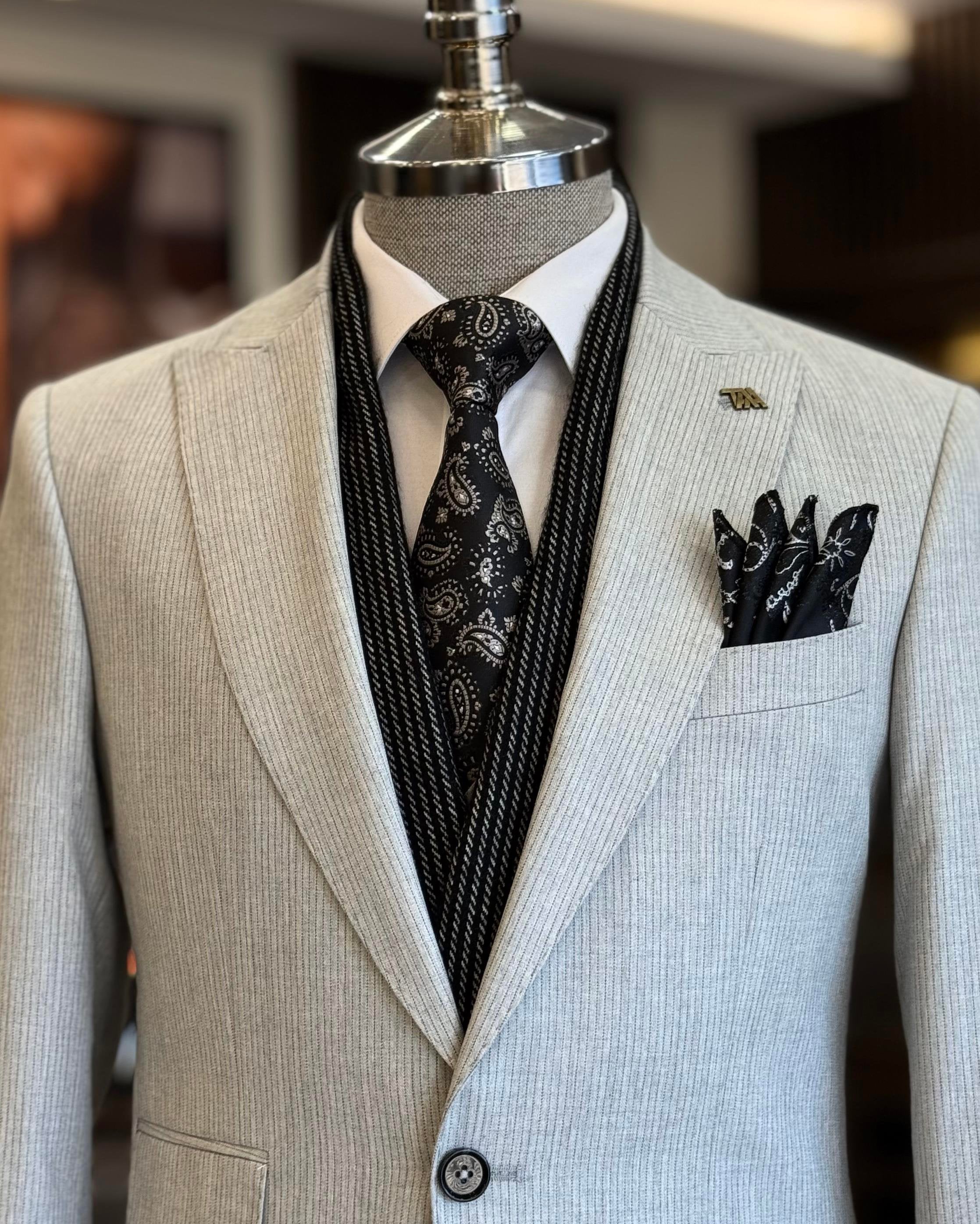 Grey Striped Slim-Fit Suit 3-Piece