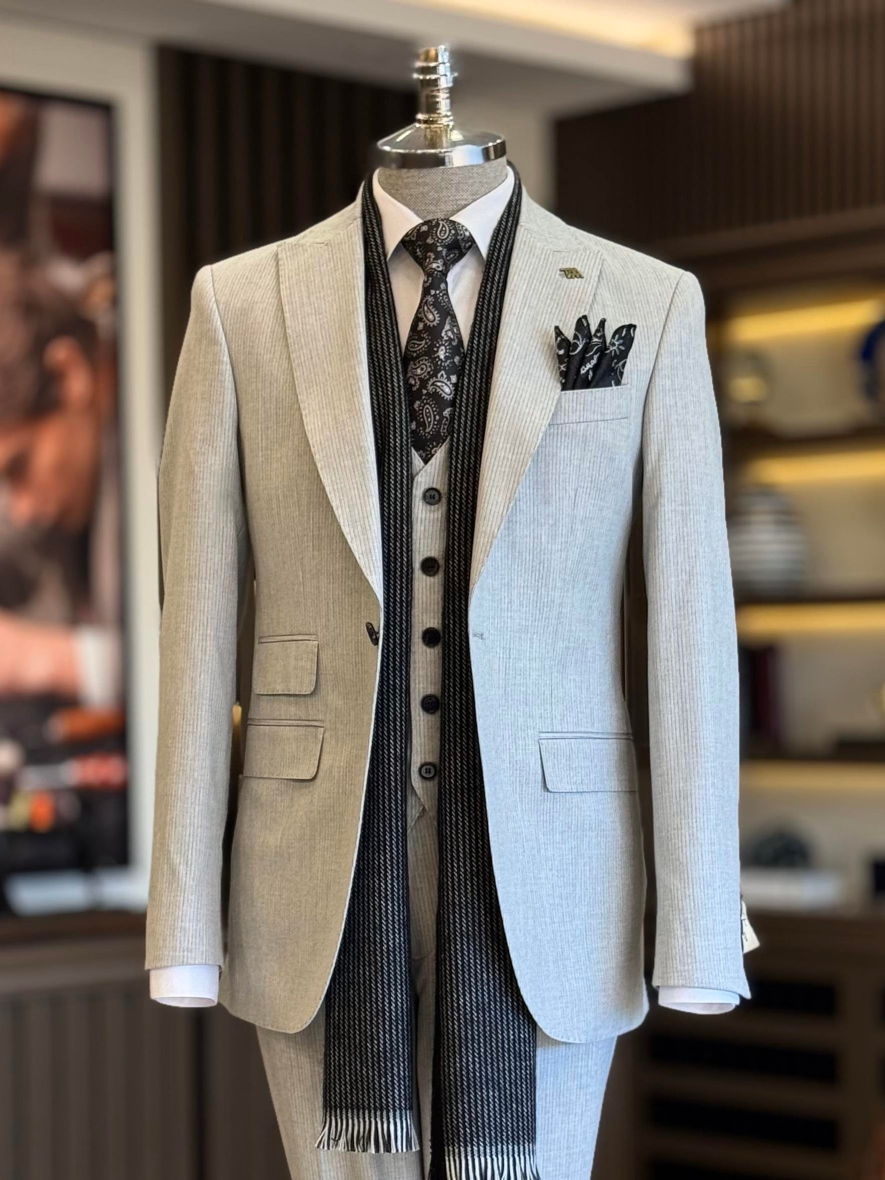 Grey Striped Slim-Fit Suit 3-Piece