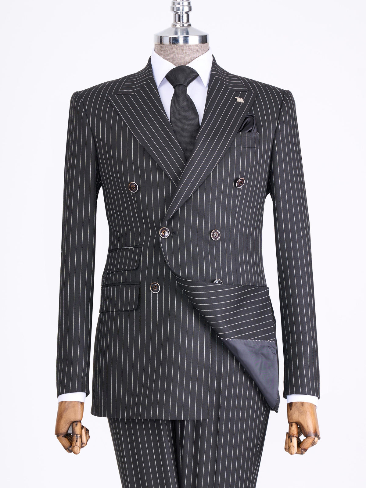 VIOSSI black striped double breasted suit 2-piece front view - Italian suit styles tuxedo double breasted menswear