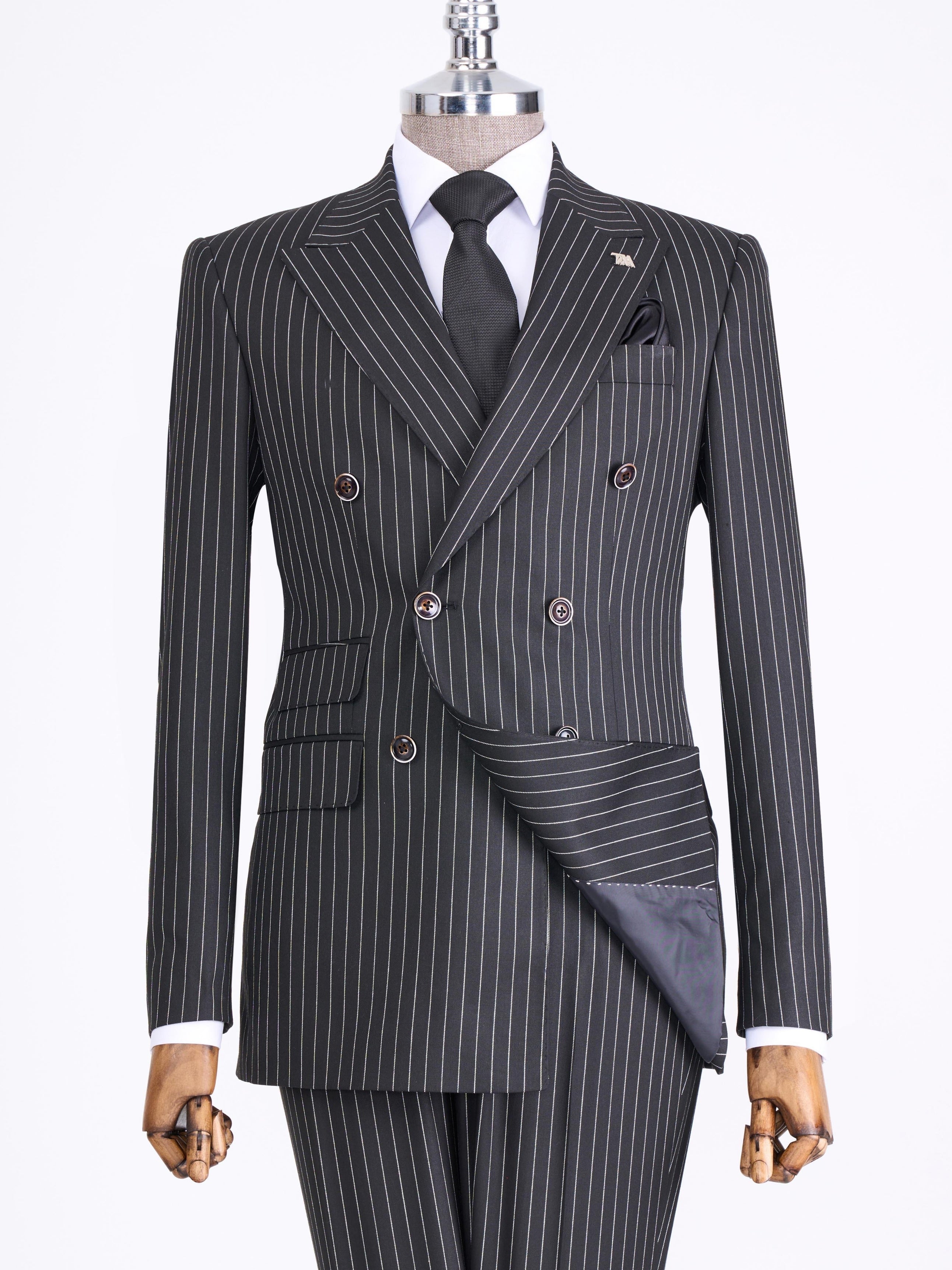 Black Striped Double Breasted Suit 2-Piece