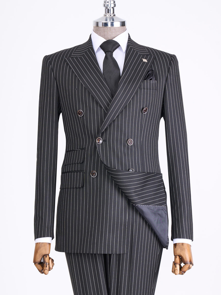 VIOSSI black striped double breasted suit 2-piece front view - Italian suit styles tuxedo double breasted menswear