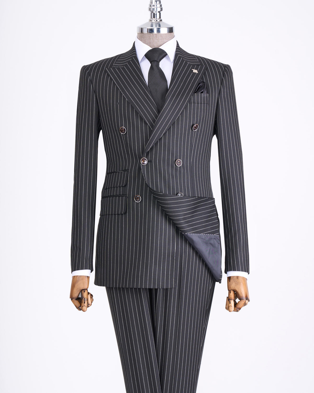 VIOSSI black striped double breasted suit back view - Italian suit styles tuxedo with tailored fit