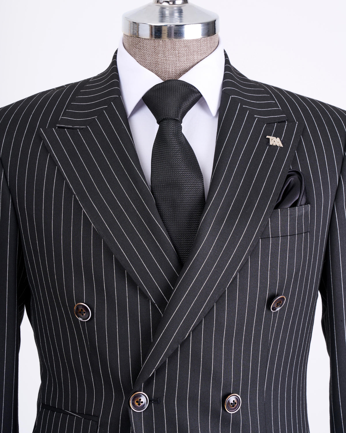 VIOSSI black striped double breasted tuxedo suit front view - Italian suit style 2-piece formal menswear