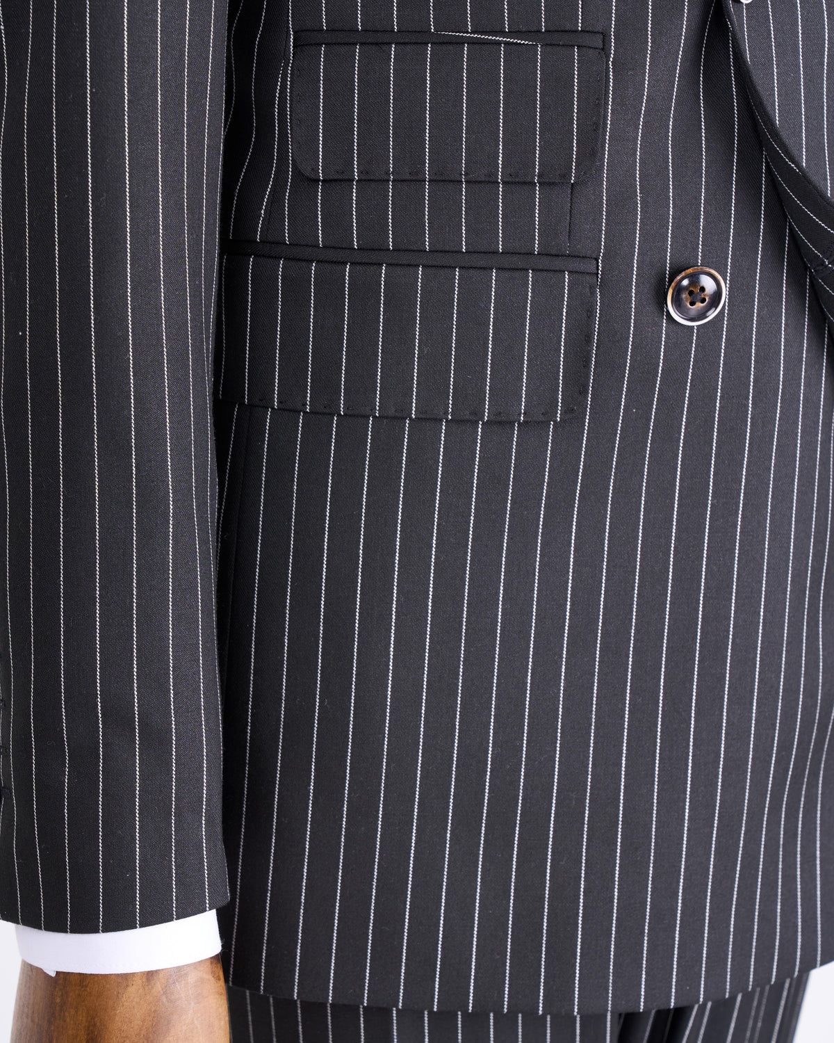 VIOSSI black striped double breasted suit 2-piece back view - Italian suit styles tuxedo double breasted tailoring