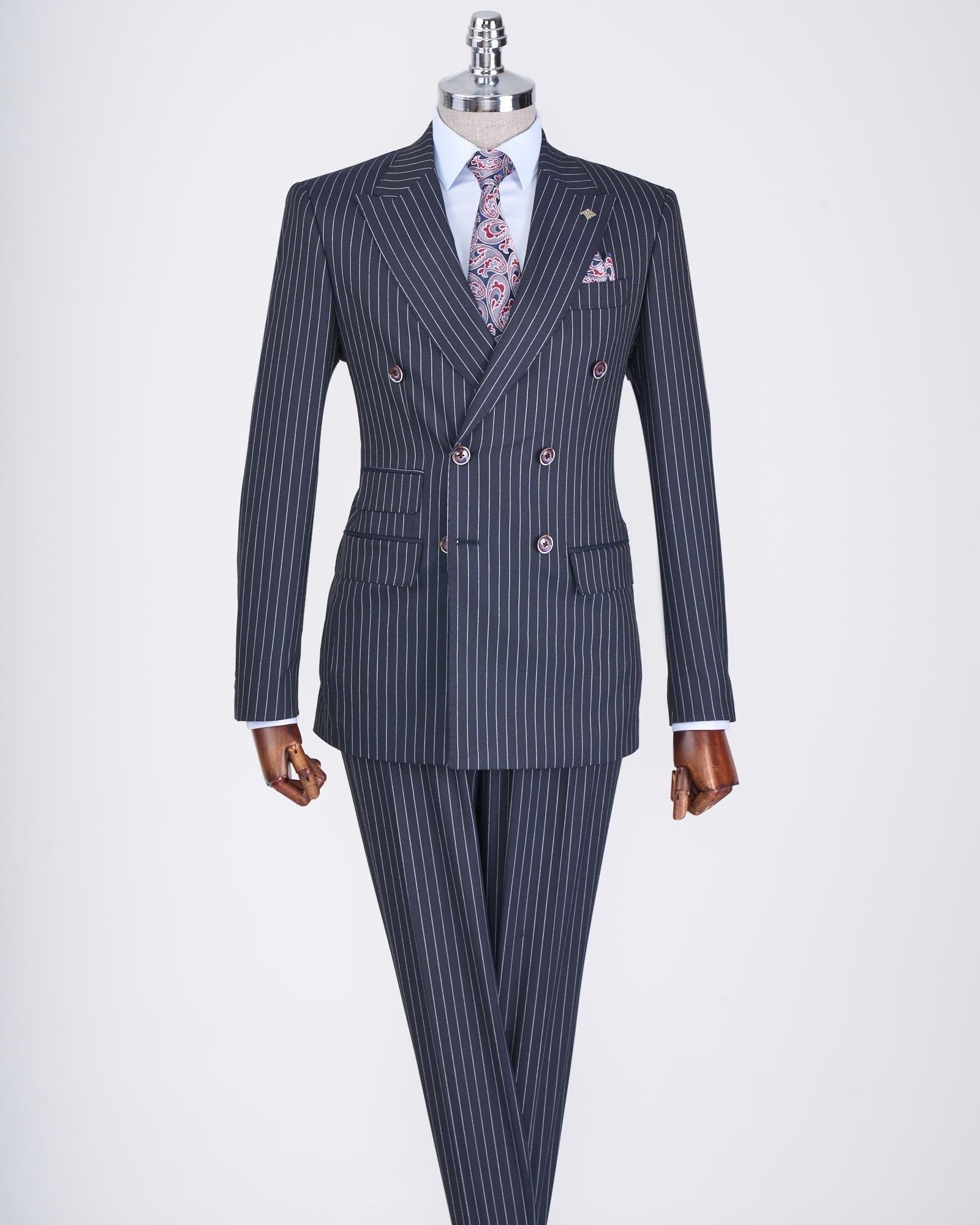 Navy Striped Double Breasted Suit 2-Piece