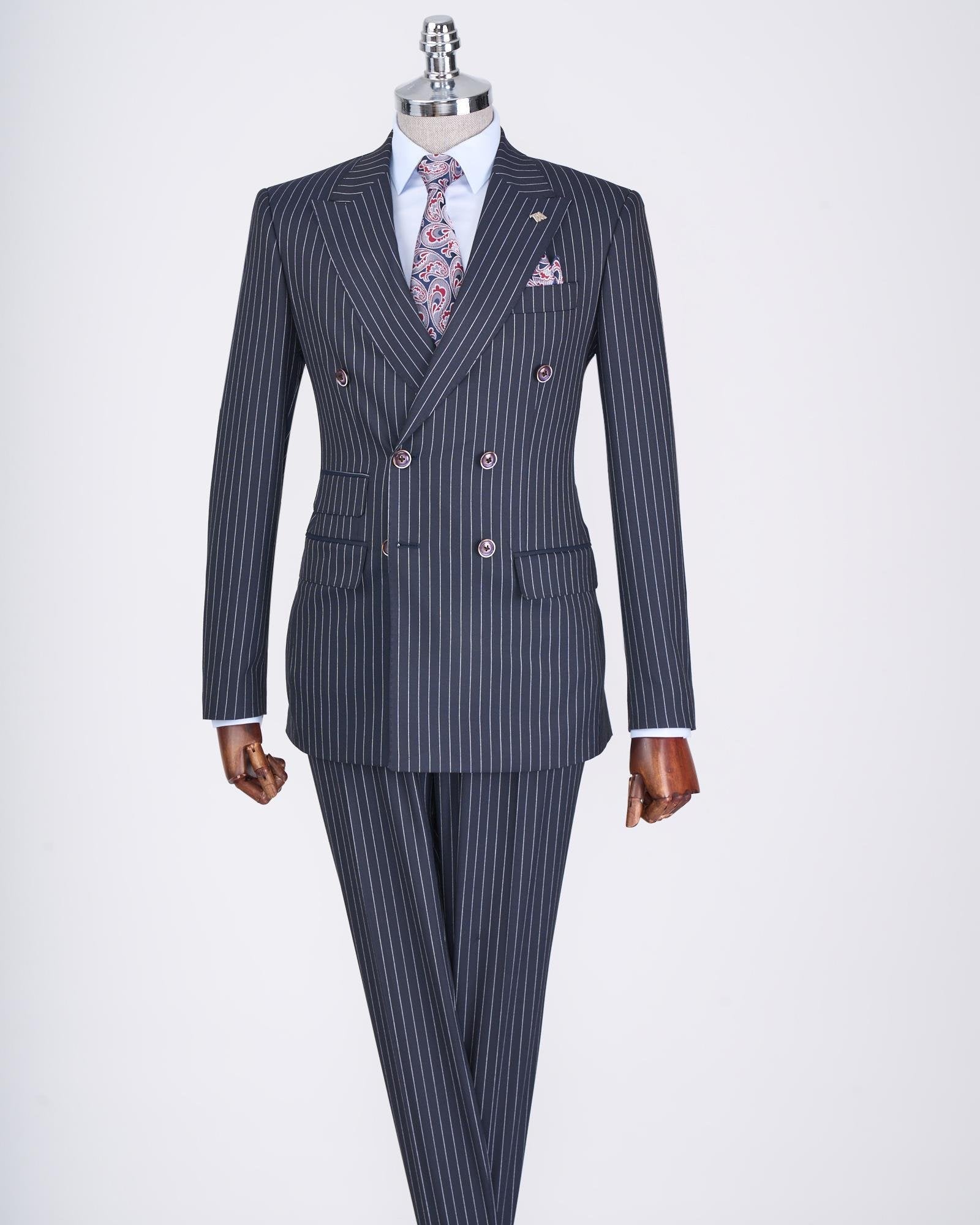 Navy Striped Double Breasted Suit 2-Piece