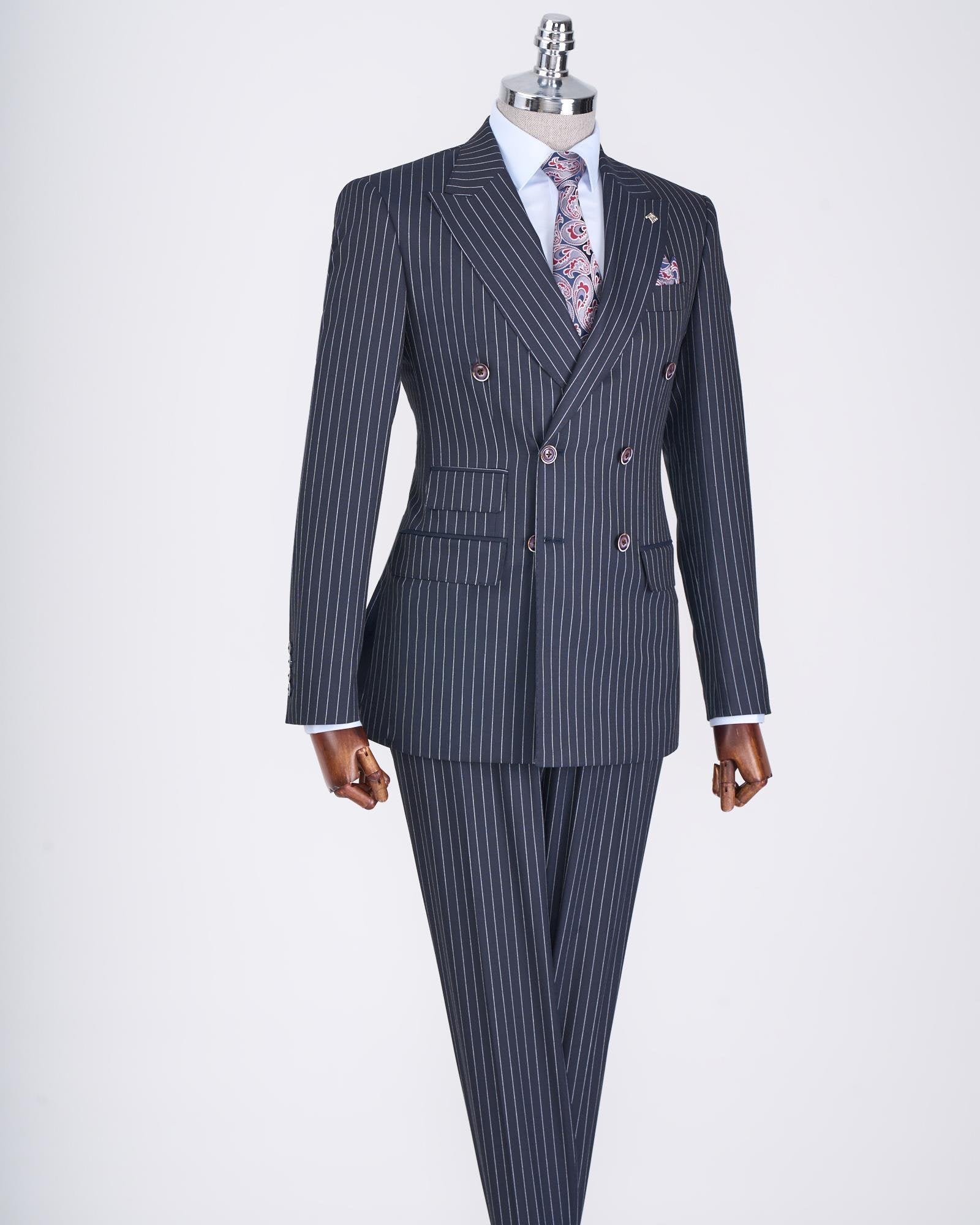 Navy Striped Double Breasted Suit 2-Piece