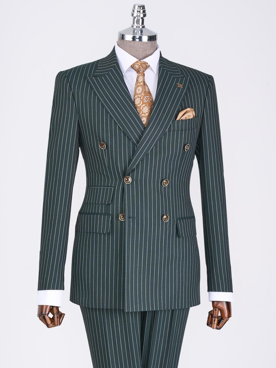 Green Striped Double Breasted Suit 2-Piece