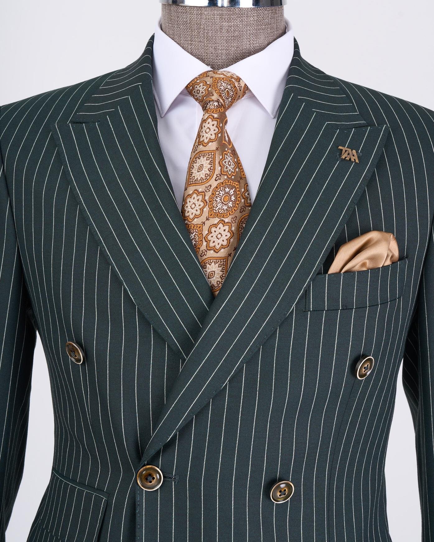 Green Striped Double Breasted Suit 2-Piece