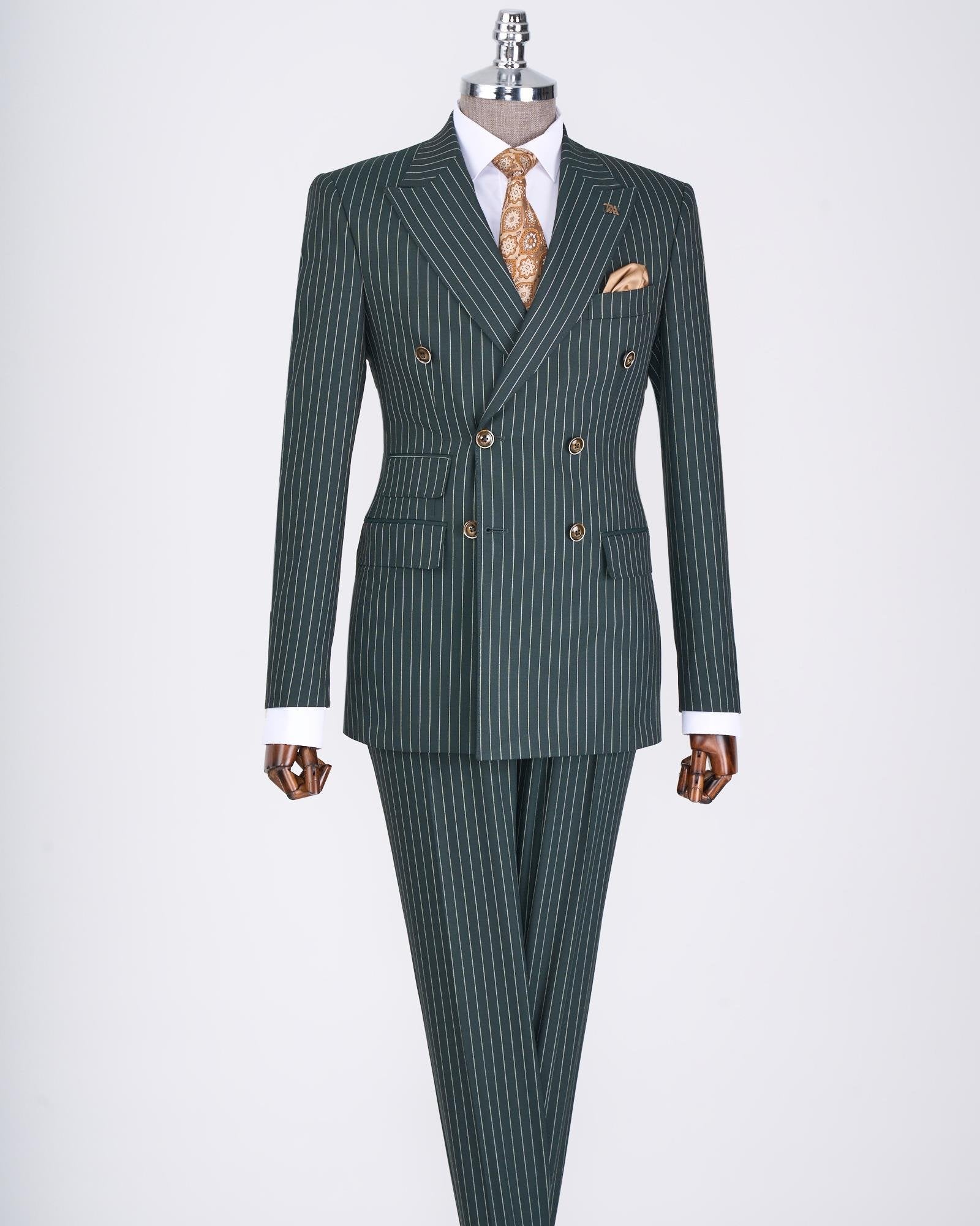 Green Striped Double Breasted Suit 2-Piece