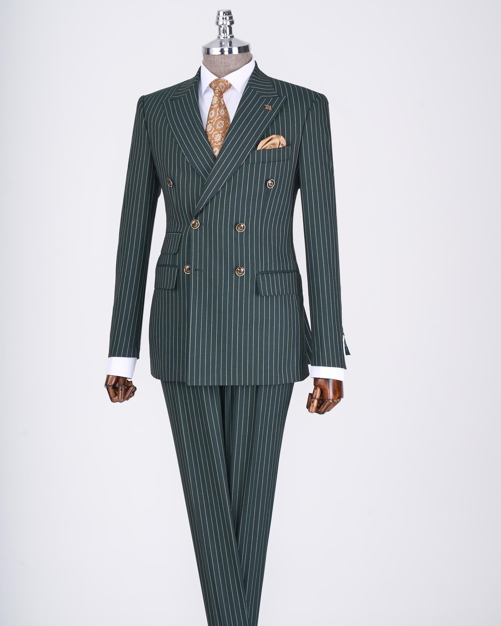 Green Striped Double Breasted Suit 2-Piece