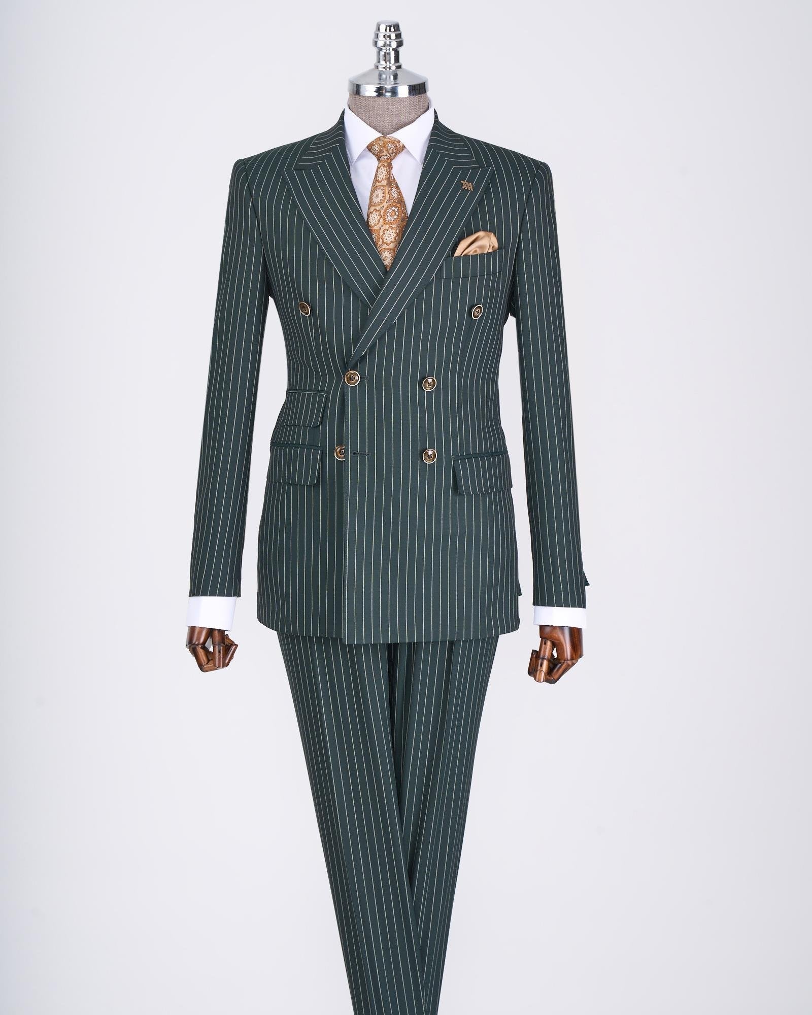 Green Striped Double Breasted Suit 2-Piece