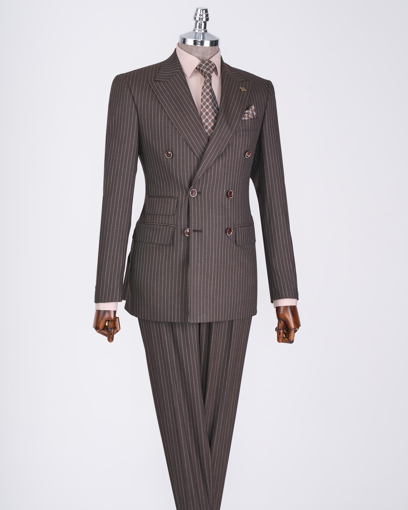 Brown Striped Double Breasted Suit 2-Piece