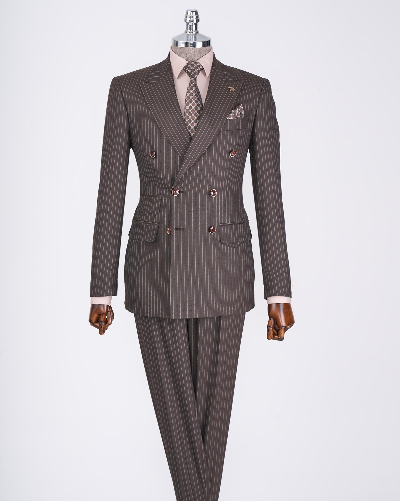 Brown Striped Double Breasted Suit 2-Piece