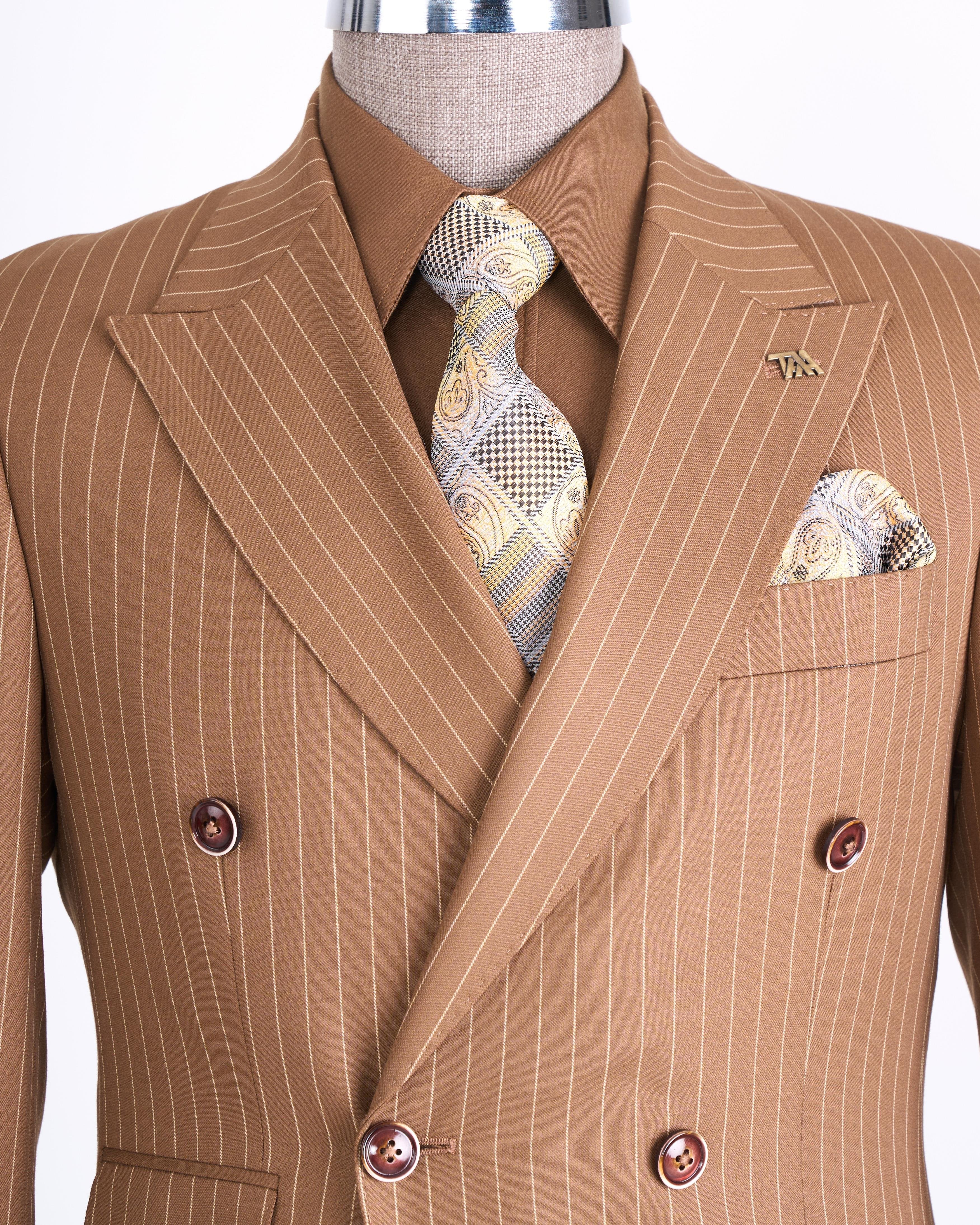 Camel Striped Double Breasted Suit 2-Piece