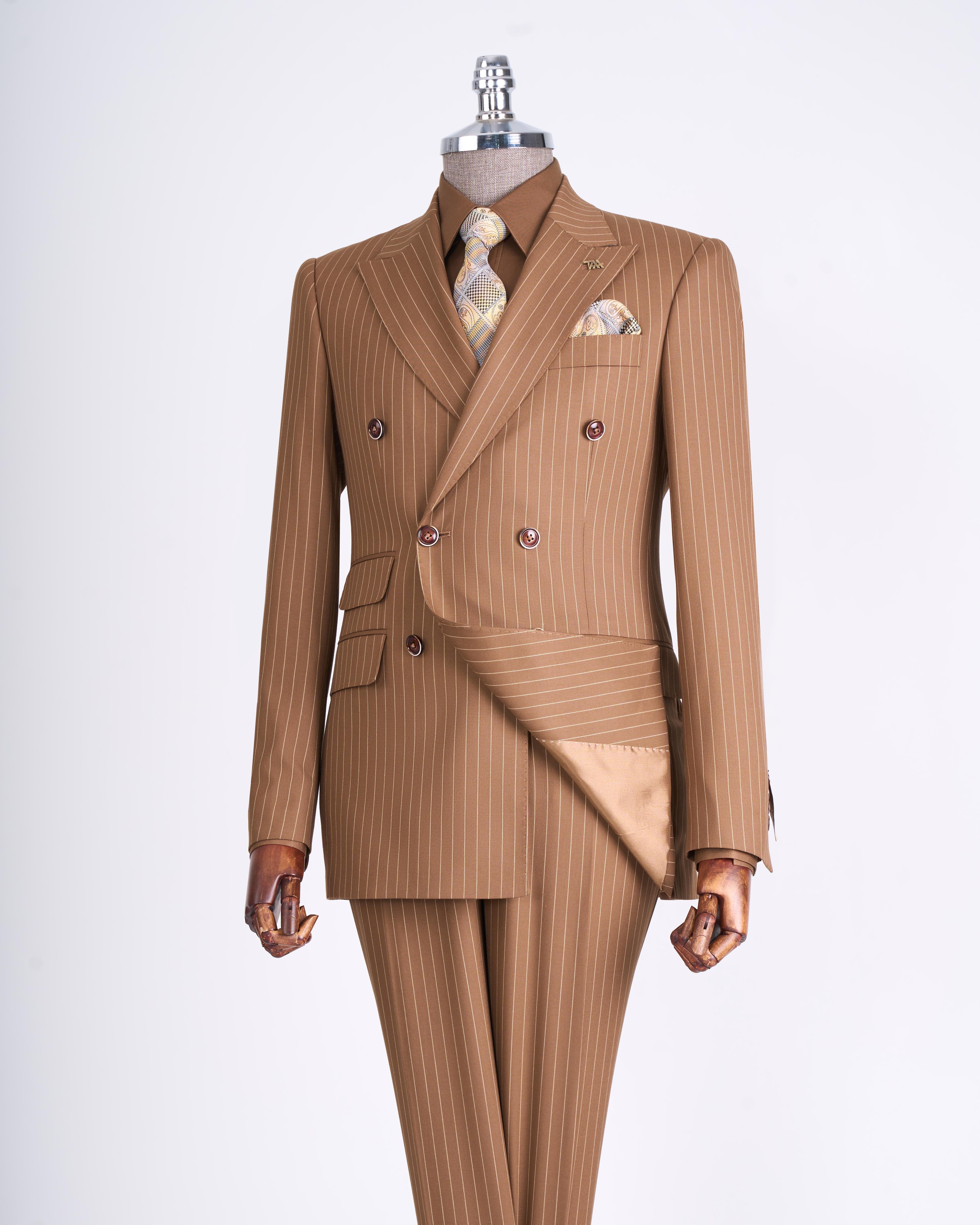 Camel Striped Double Breasted Suit 2-Piece