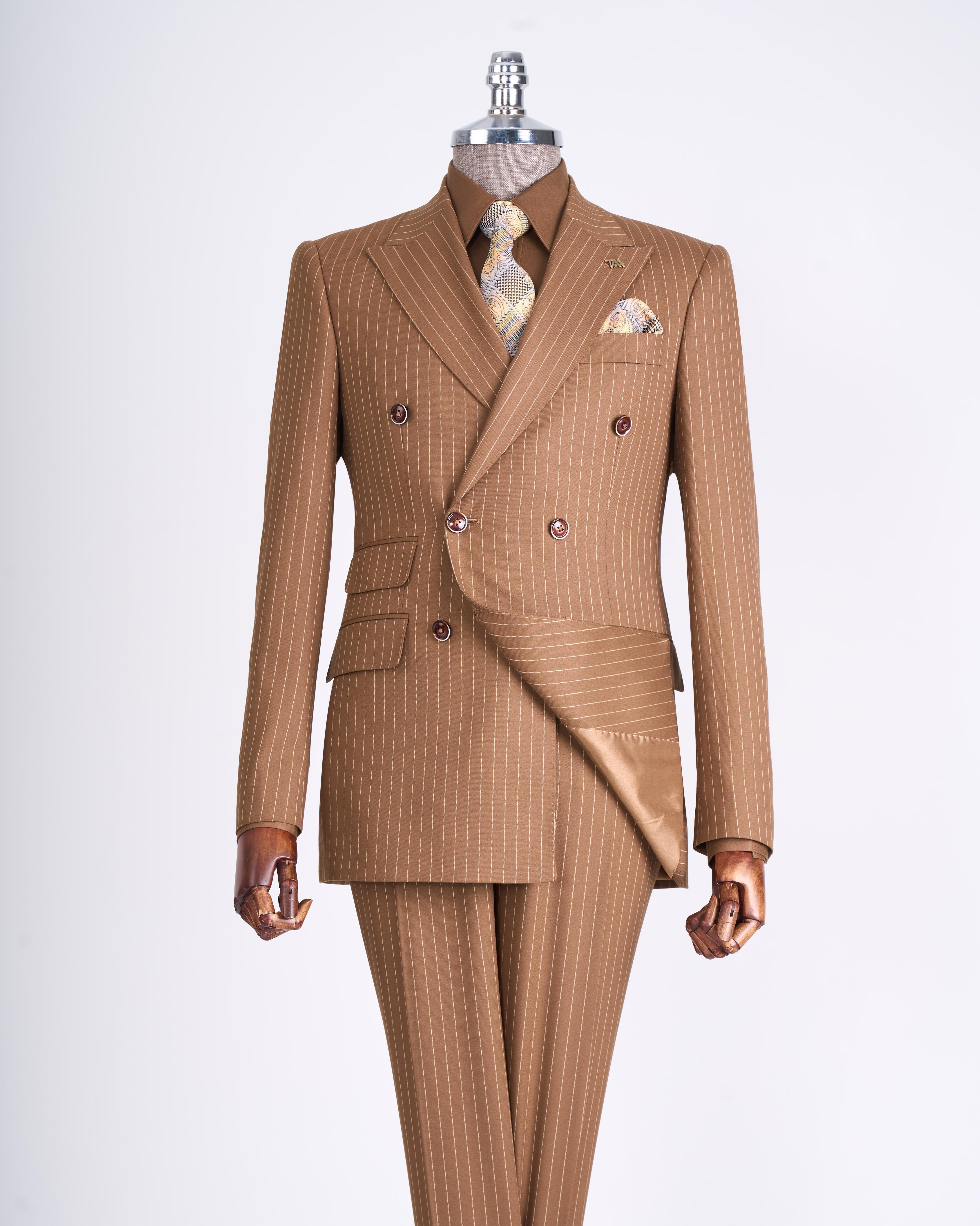 Camel Striped Double Breasted Suit 2-Piece