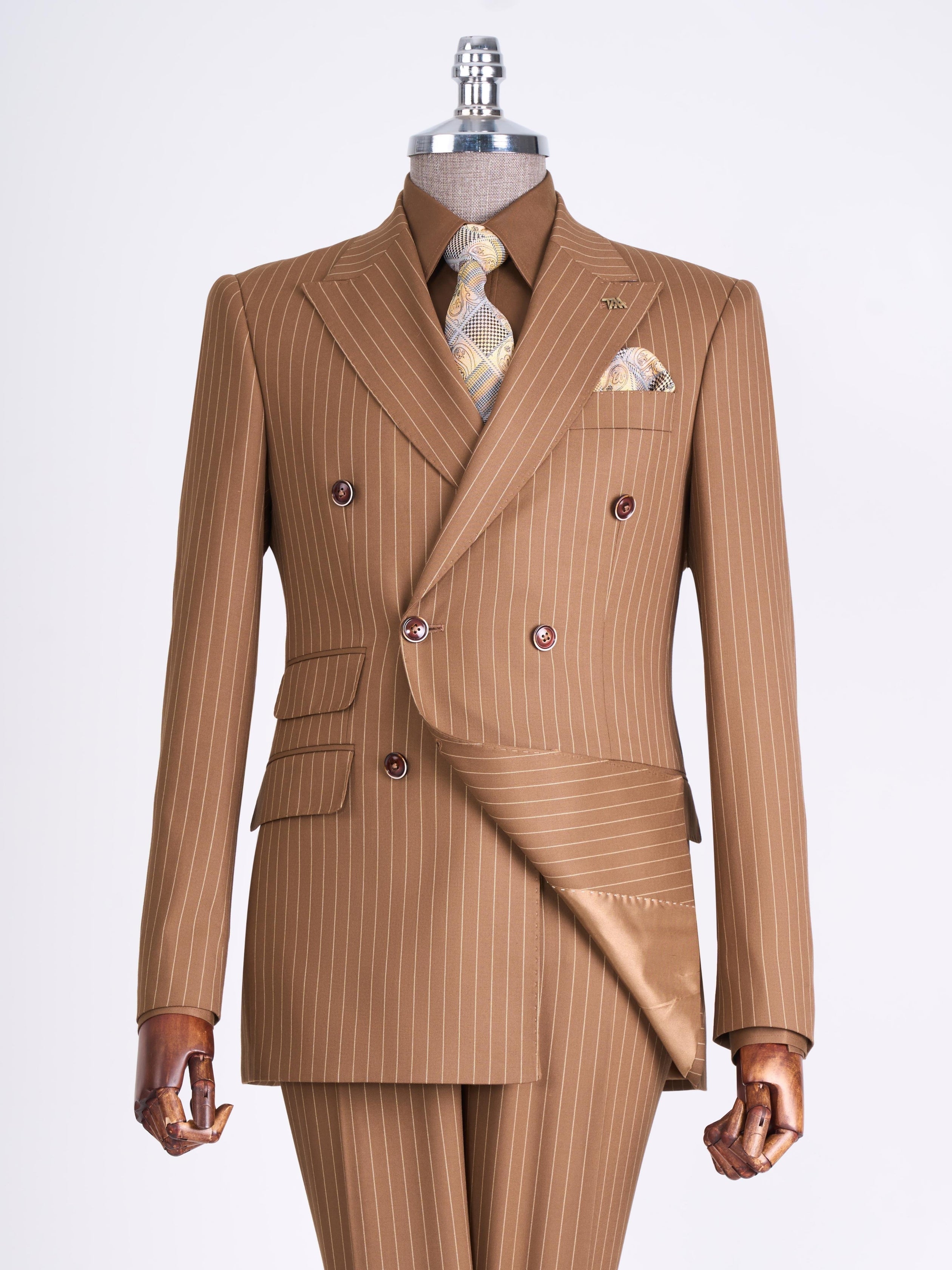 Camel Striped Double Breasted Suit 2-Piece