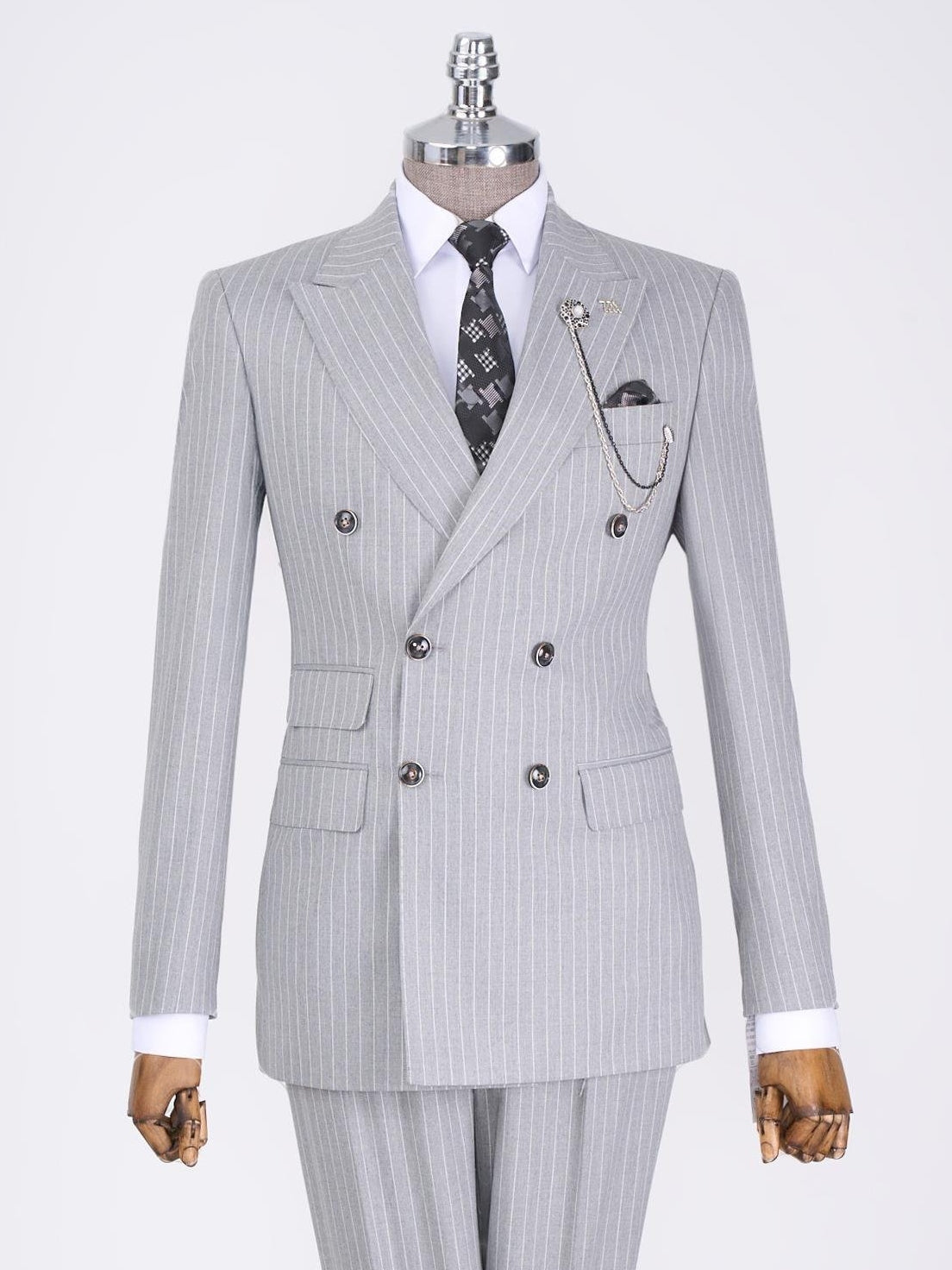 Grey Striped Double Breasted Suit 2-Piece