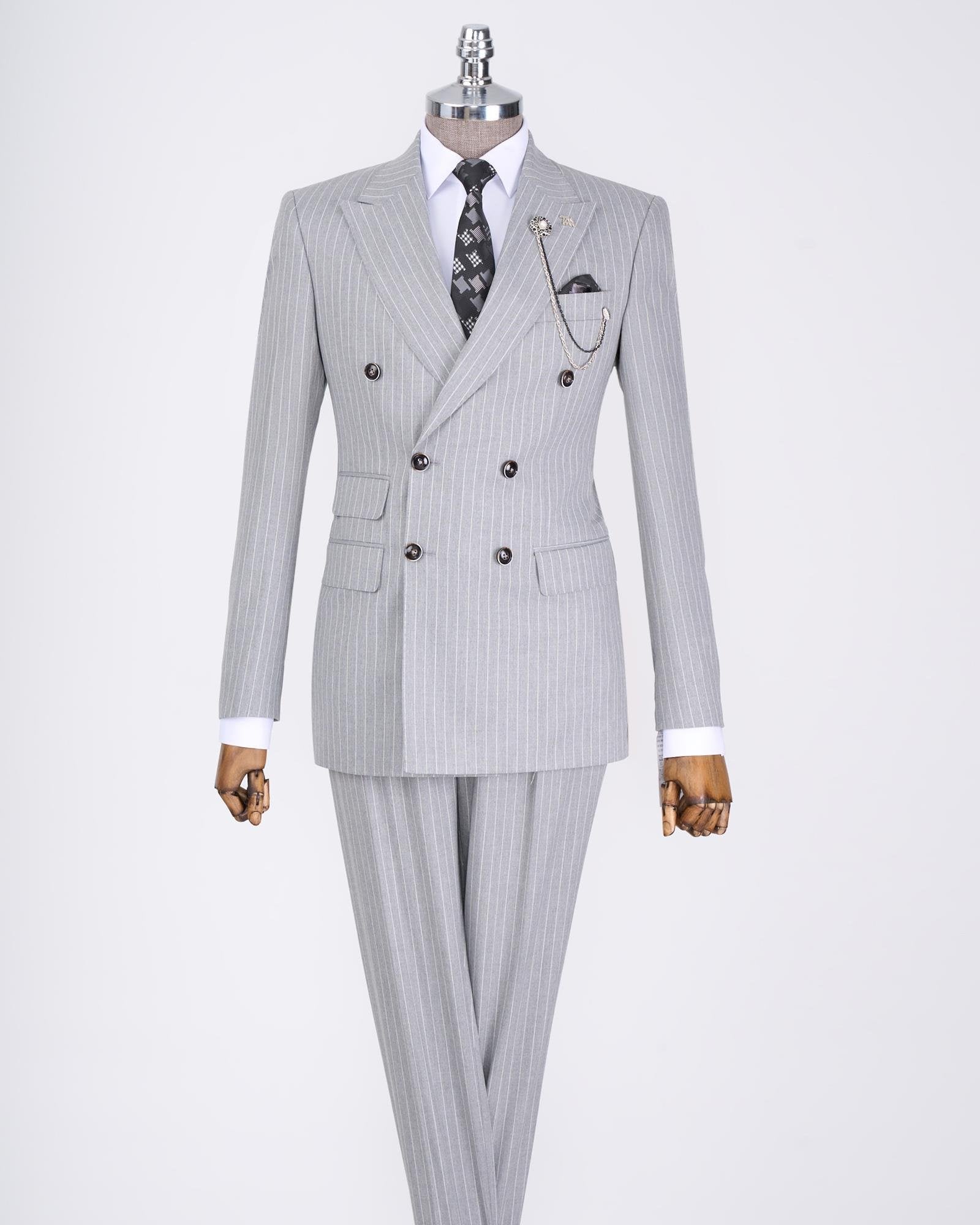 Grey Striped Double Breasted Suit 2-Piece