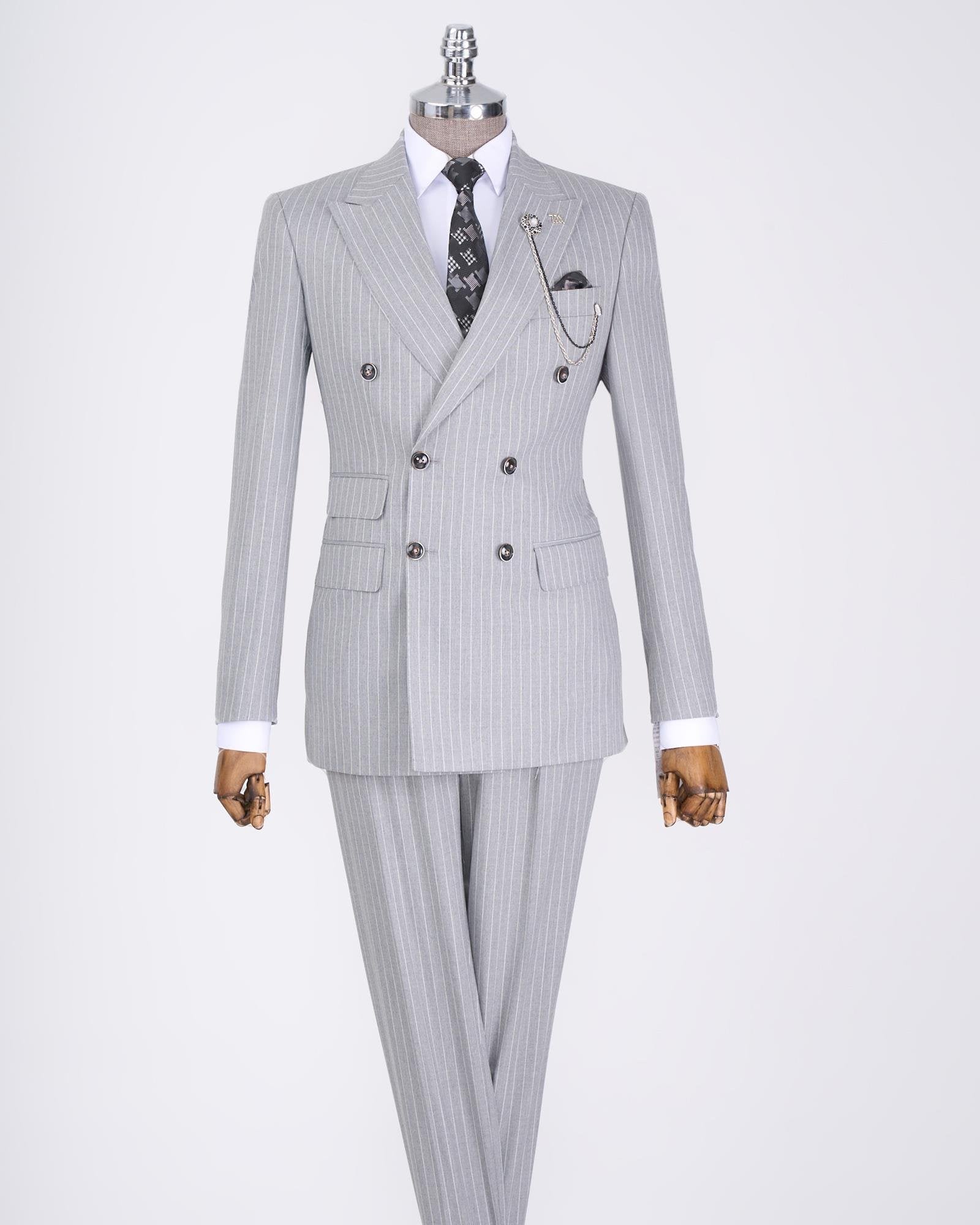 Grey Striped Double Breasted Suit 2-Piece