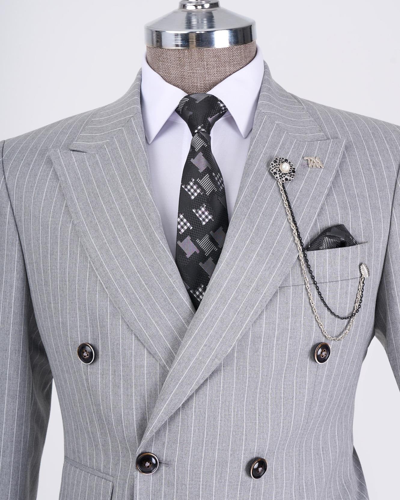 Grey Striped Double Breasted Suit 2-Piece