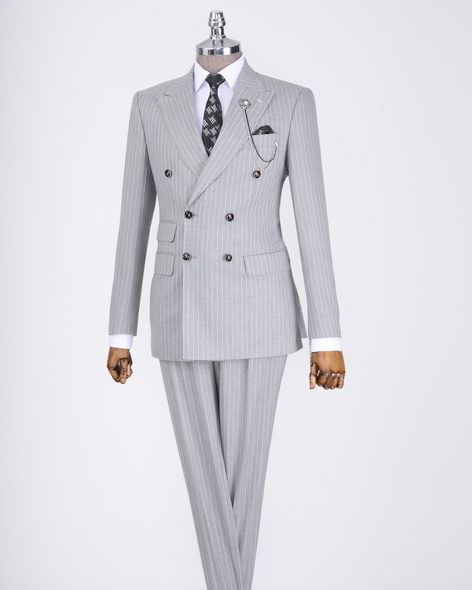 Grey Striped Double Breasted Suit 2-Piece