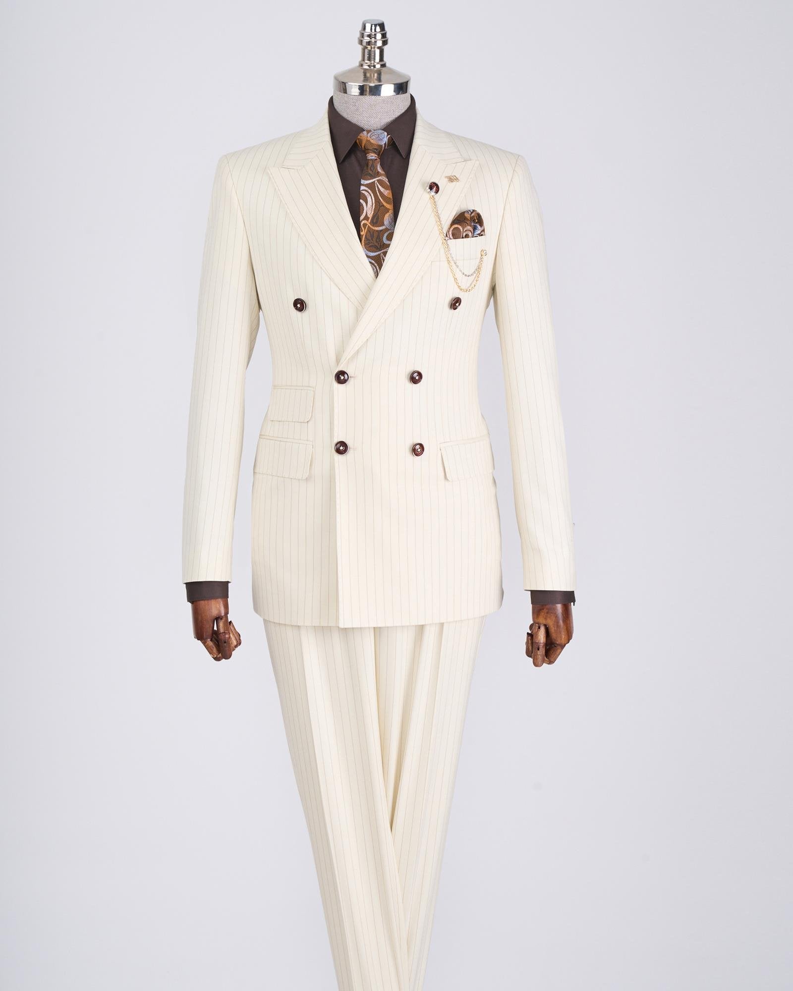 Beige Striped Double Breasted Suit 2-Piece